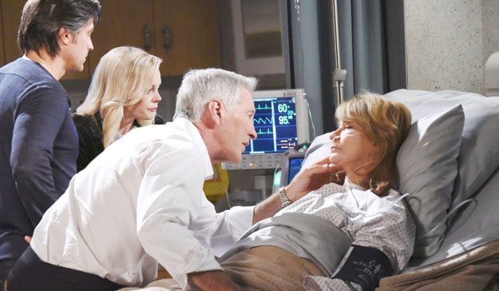 John, Eric, and Belle visit Marlena at the hospital