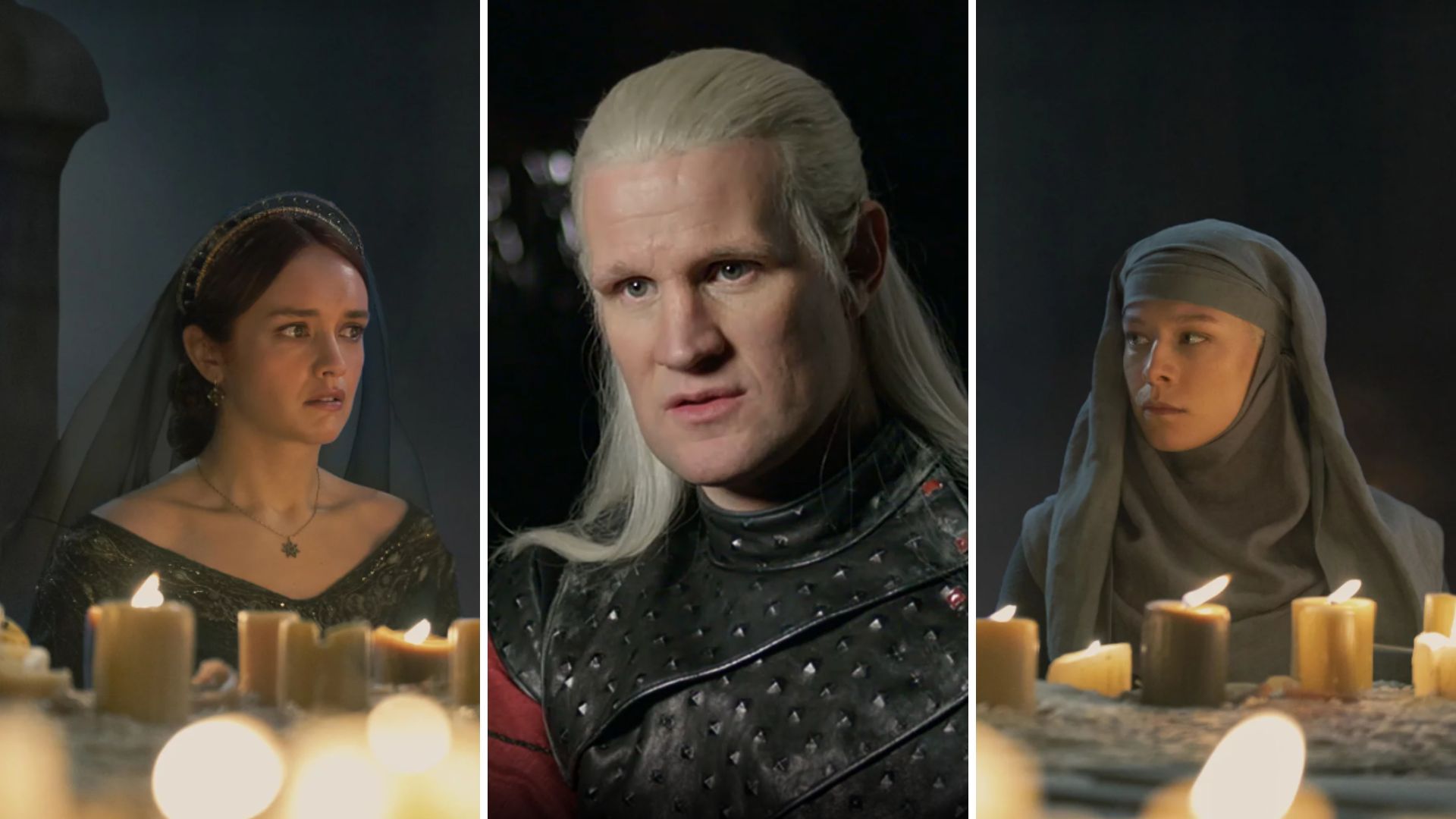 Olivia Cooke as Alicent Hightower, Matt Smith as Daemon Targaryen, and Emma D&#039;arcy as Rhaenyra Targaryen | Image Source: HBO