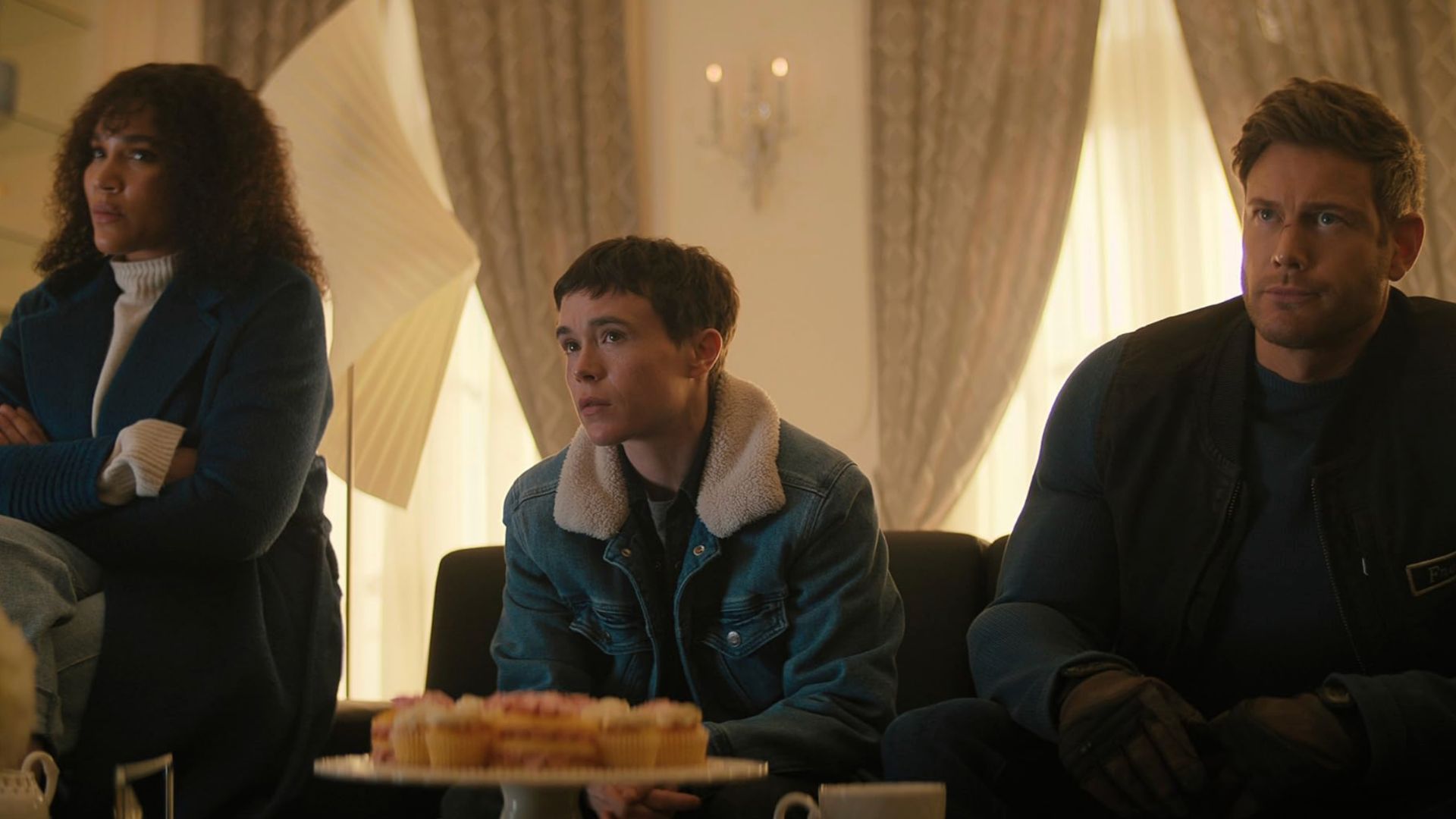 Elliot Page, Christos Kalohoridis, Tom Hopper, and Emmy Raver-Lampman in The Umbrella Academy (Image via Netflix)