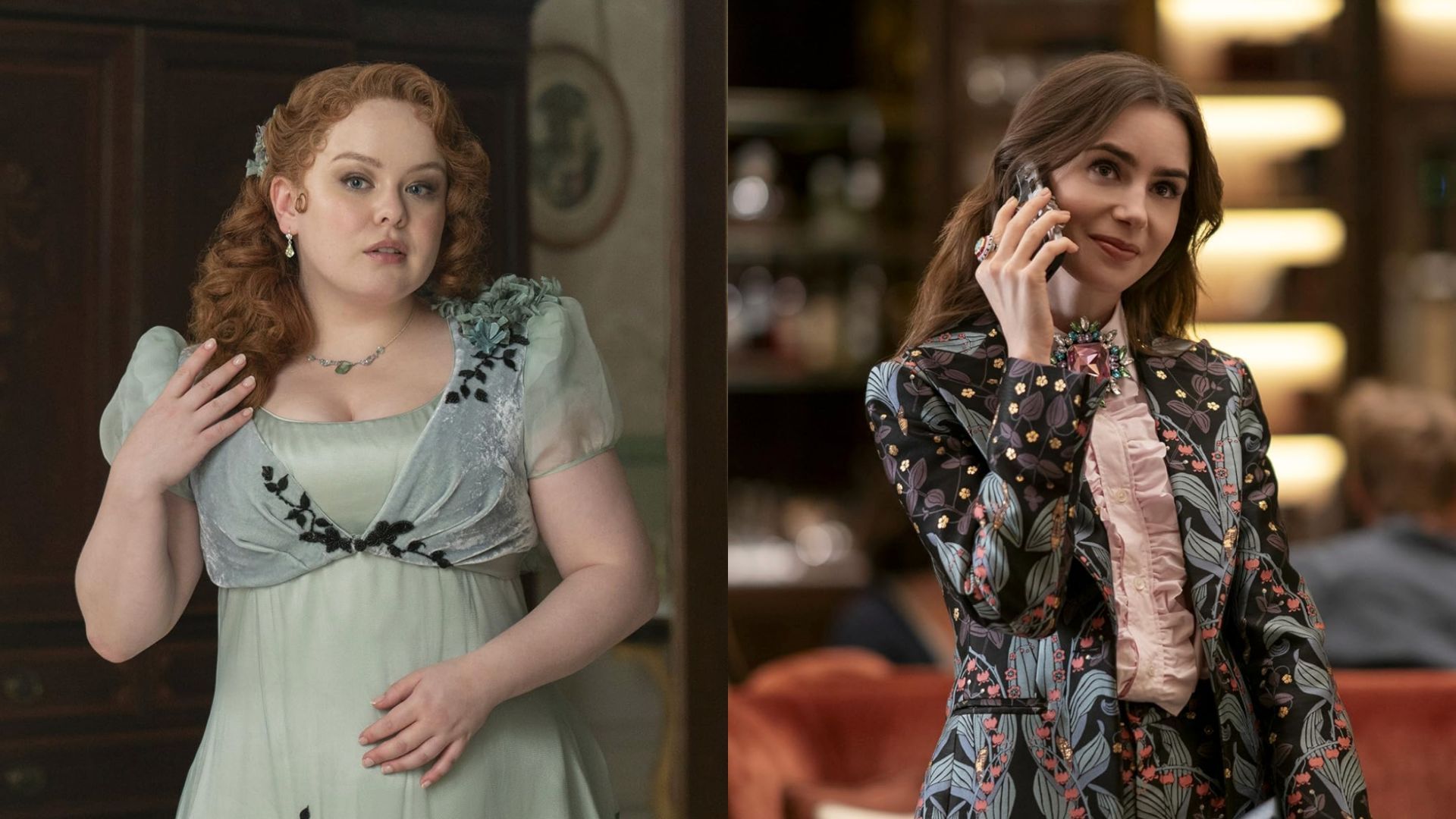 Nicola Coughlan (left) as Penelope in Bridgerton and Lily Collins (right) as Emily in Emily in Paris | Images via Netflix