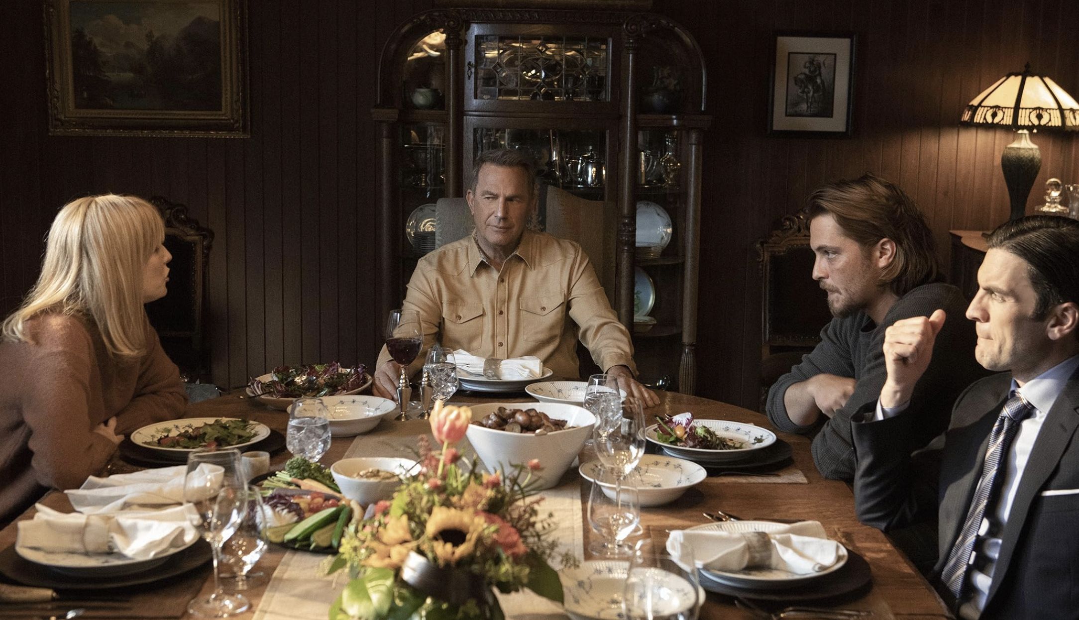 Kevin Costner, Wes Bentley, Kelly Reilly, and Luke Grimes in Yellowstone (Image via Paramount Network)