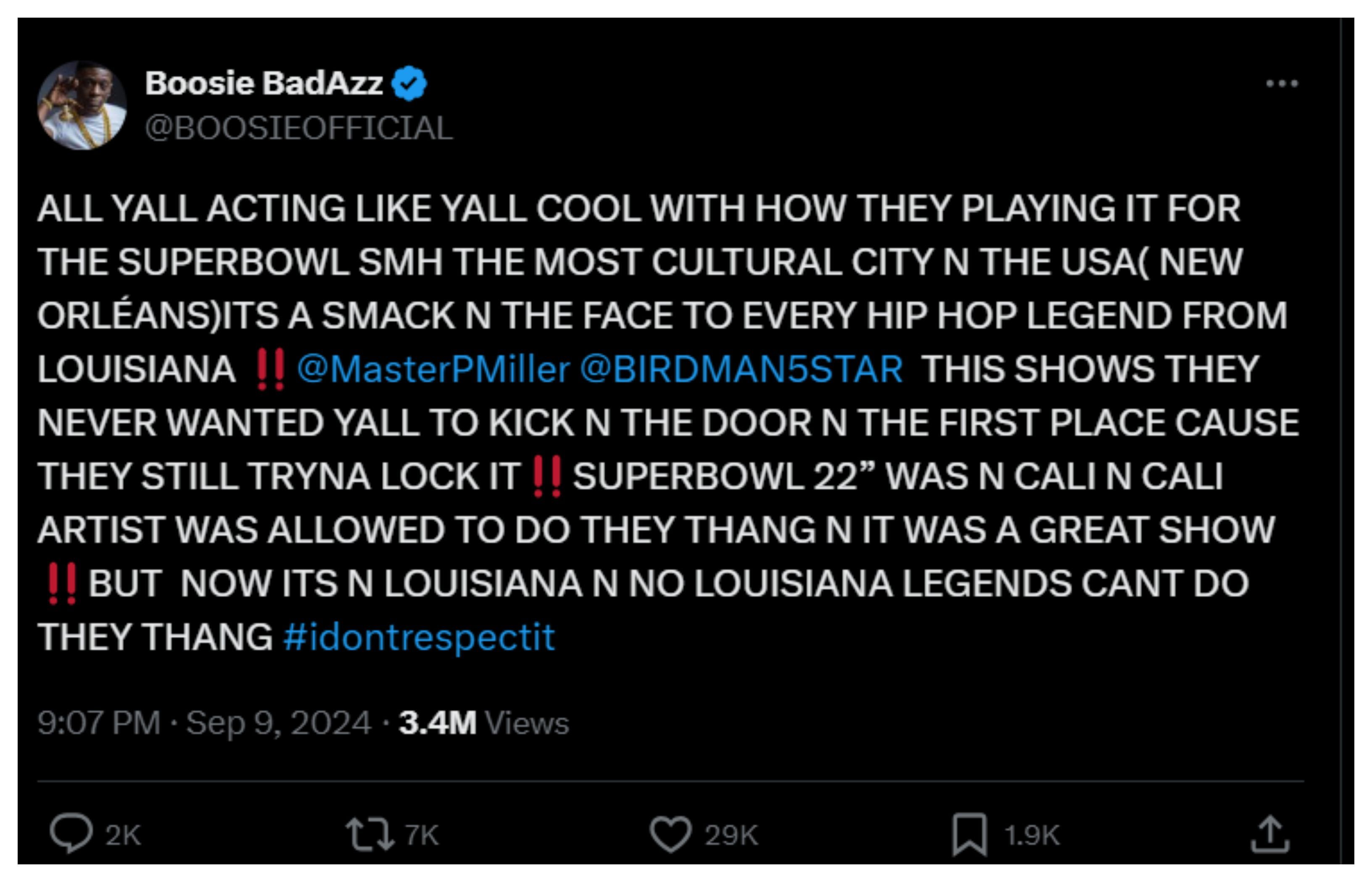 Boosie Badazz reacts to Lil Wayne Superbowl Halftime snub (Image via official X page @BOOSIEOFFICIAL)