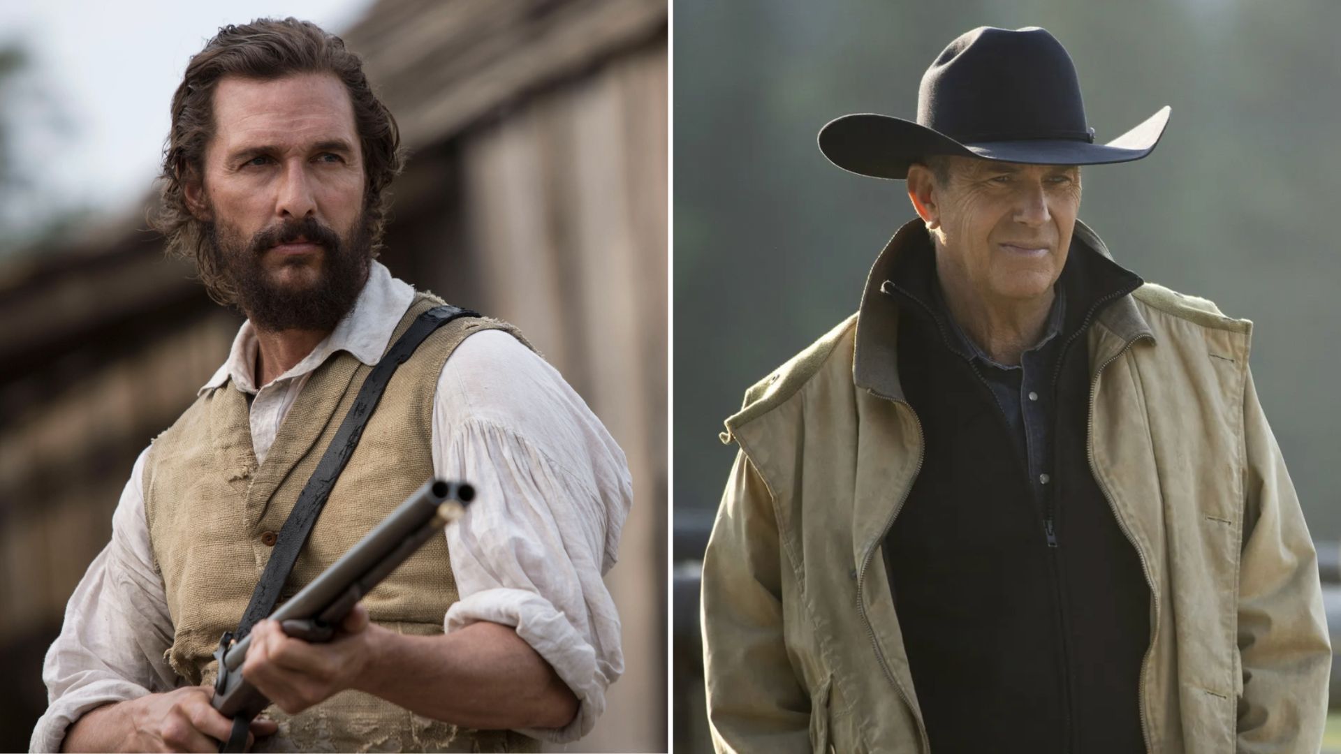 (L) Matthew McConaughey in Free State of Jones (R) Kevin Costner in Yellowstone | Image Source: (L) STX Entertainment (R) Peacock