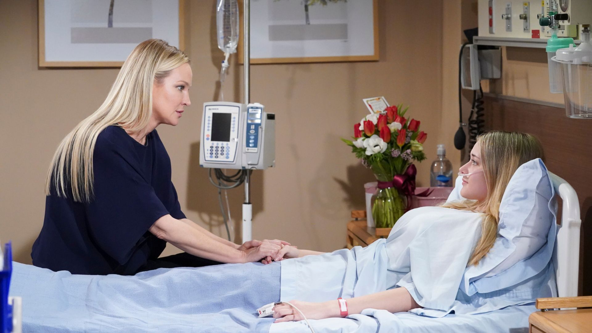 Sharon at Faith&#039;s bedside on The Young and the Restless | Image Source: CBS/Paramount Press