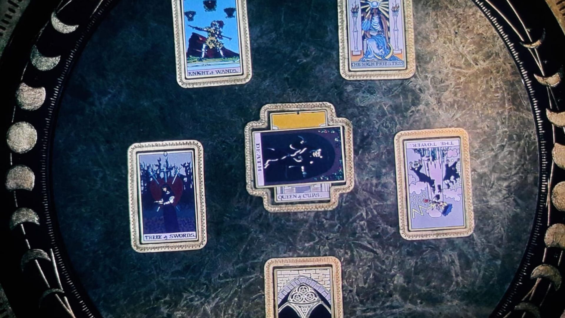 The seven tarot cards in episode 7 (Image via Disney+)