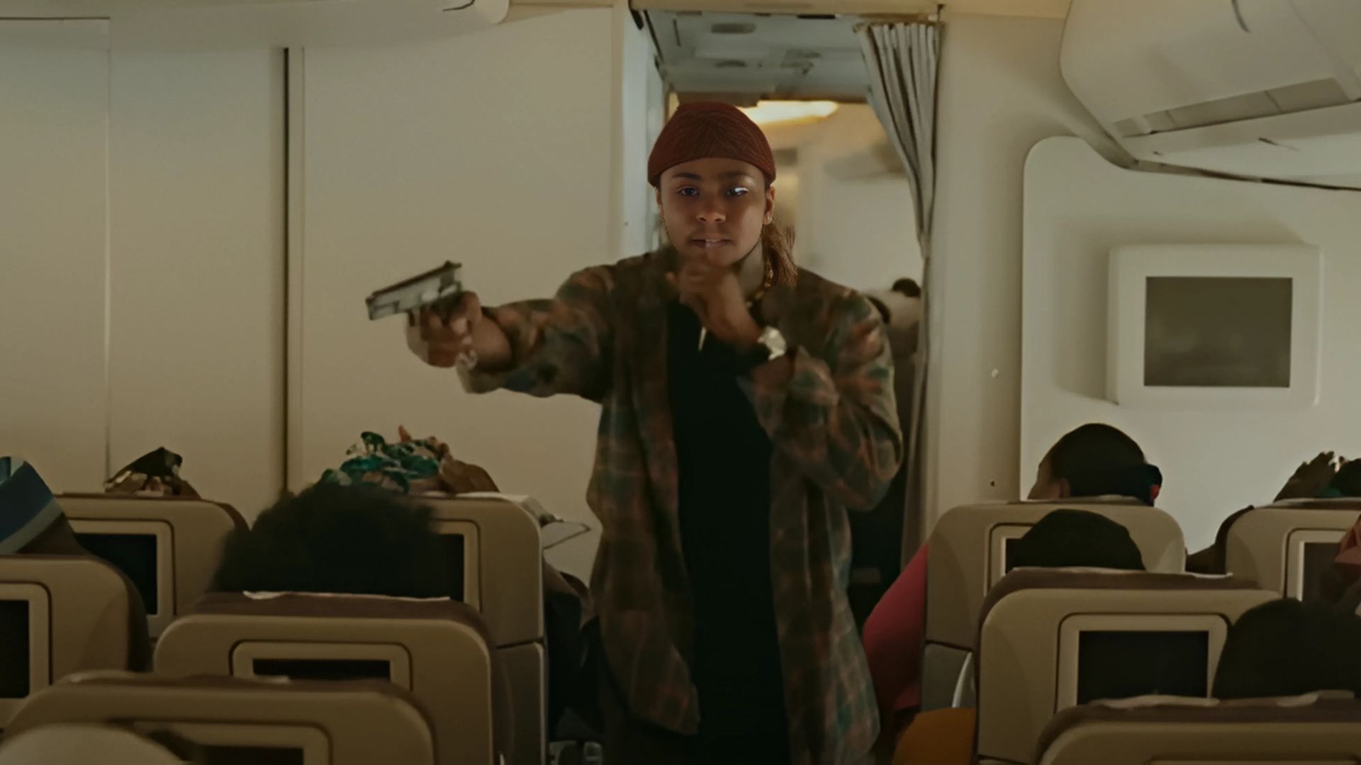 A hijacker taking control of the aircraft in the movie Hijack 