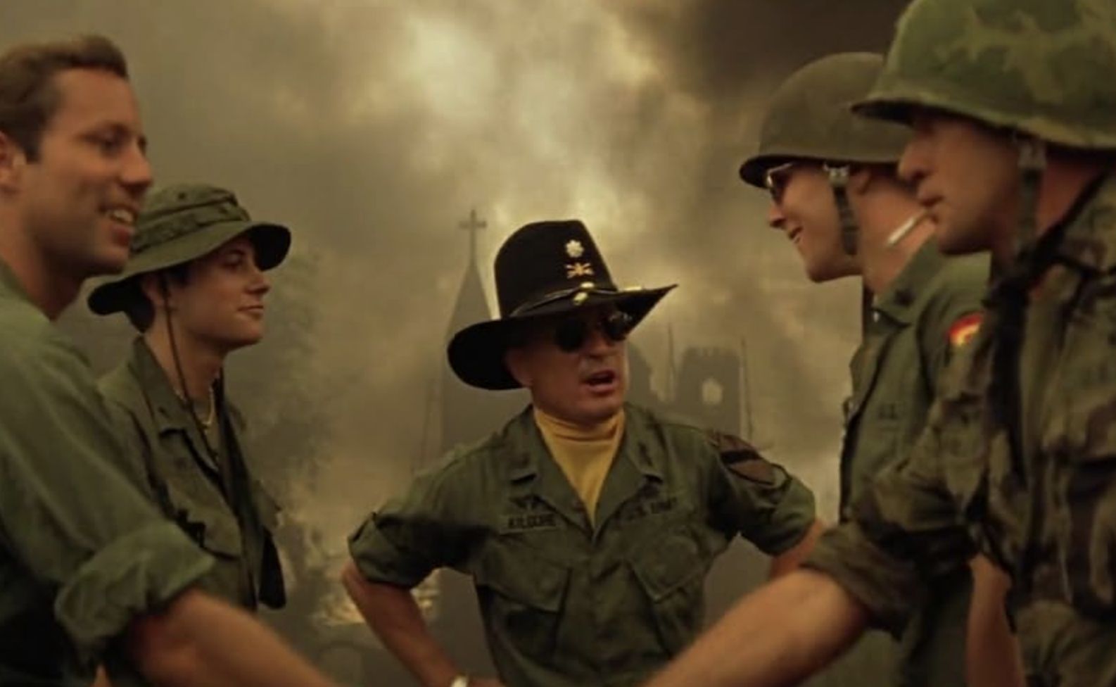 Robert Duvall, Martin Sheen, Sam Bottoms, Jerry Ross, and Kerry Rossall in Apocalypse Now (Image via American Zoetrope)