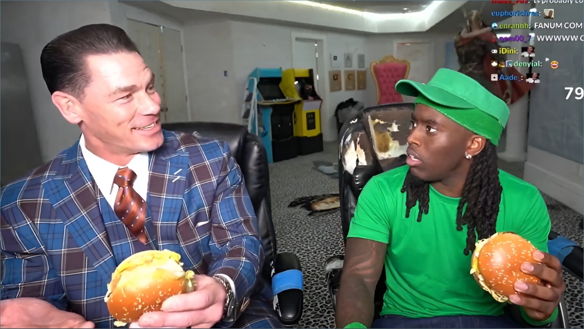 Kai and John Cena enjoy a Big Mac on Twitch stream (Image via Kai Cenat Live/YouTube)