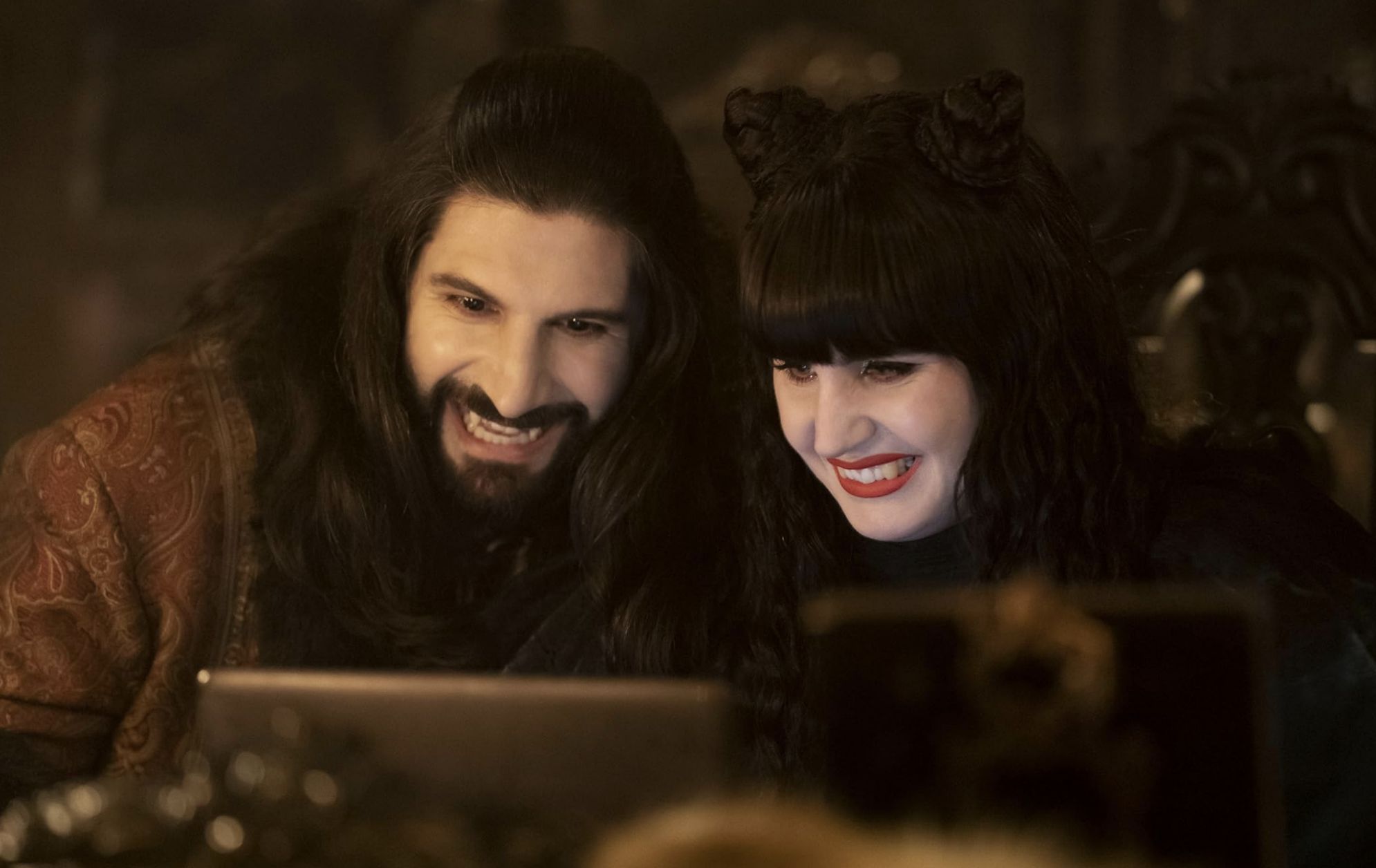 Kayvan Novak and Natasia Demetriou in What We Do in the Shadows (Image via FX)