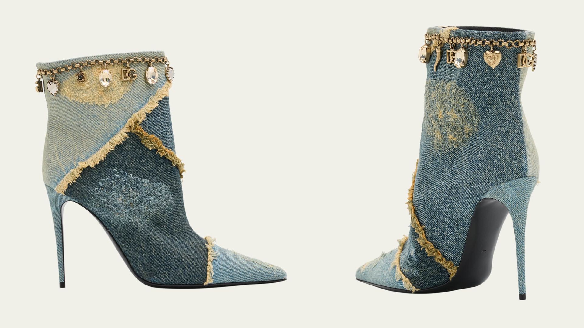 Dolce&amp;Gabbana Distressed Denim Charms Ankle Booties (Image via Bergdorf Goodman)