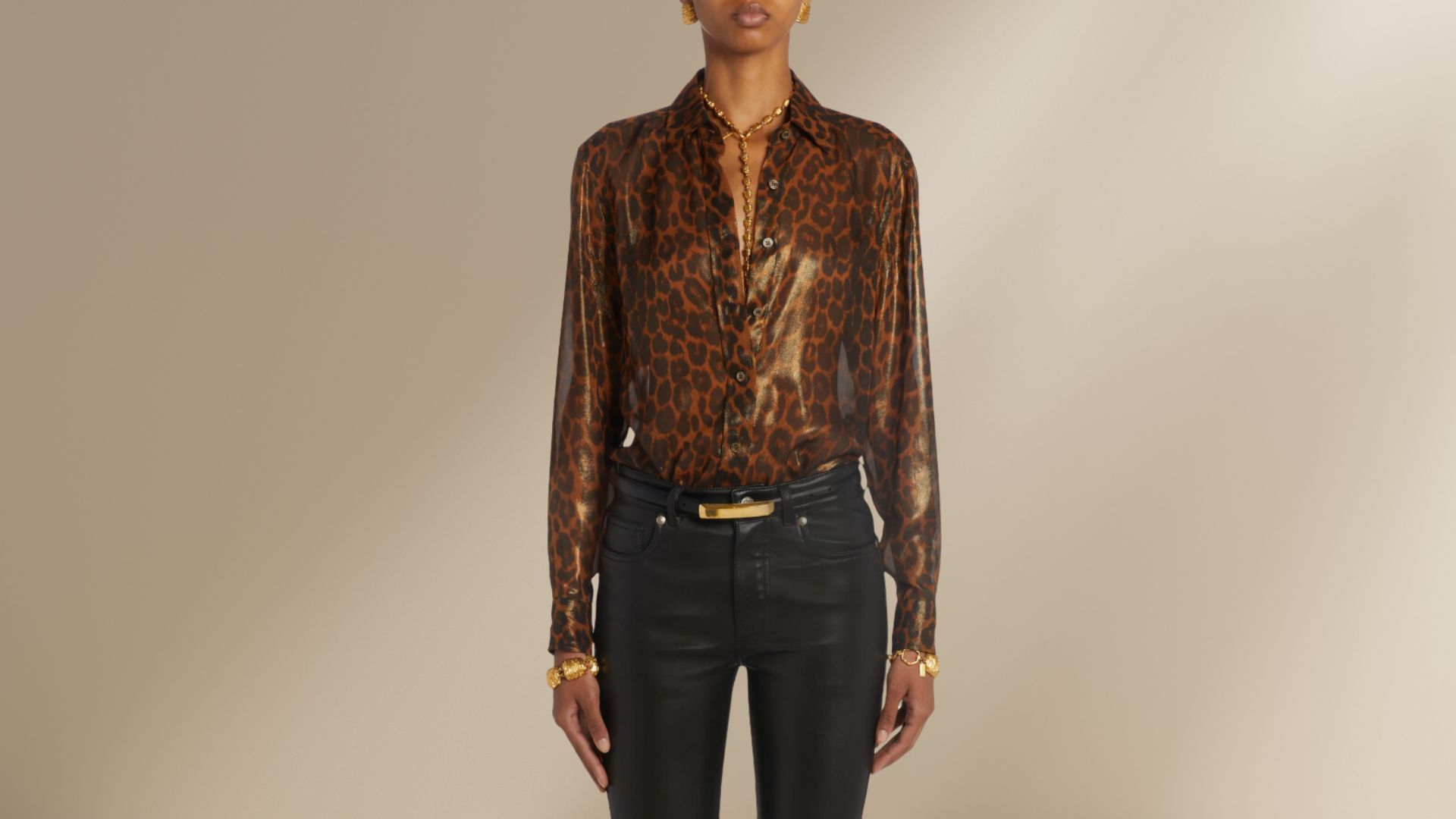 Tom Ford Laminated Leopard Metallic Silk Button-Up Shirt (Image via Nordstrom)