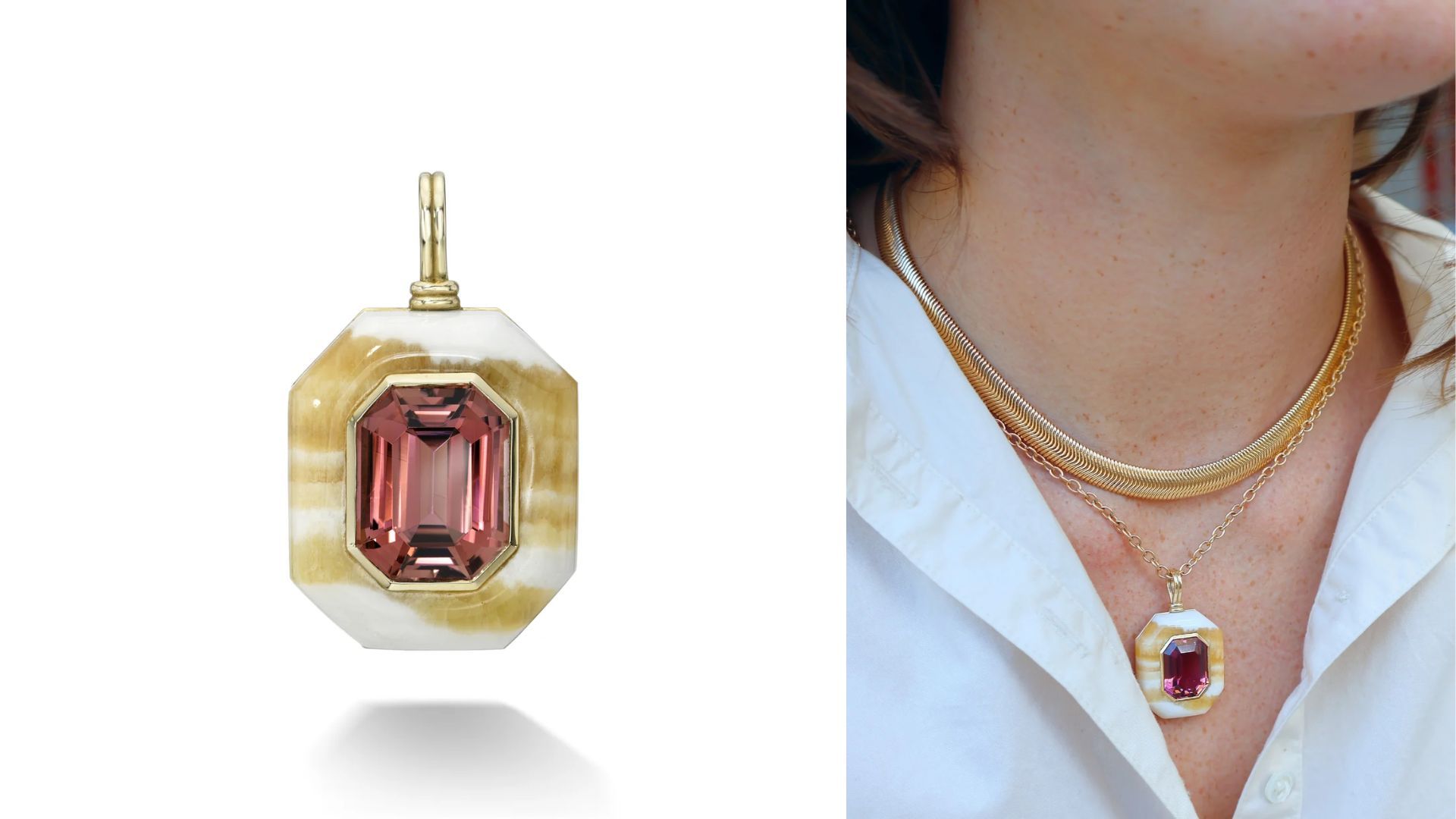 Retrouvai Yellow Rhodochrosite &amp; Pink Tourmaline Lollipop Pendant (Image via Tiny Gods)