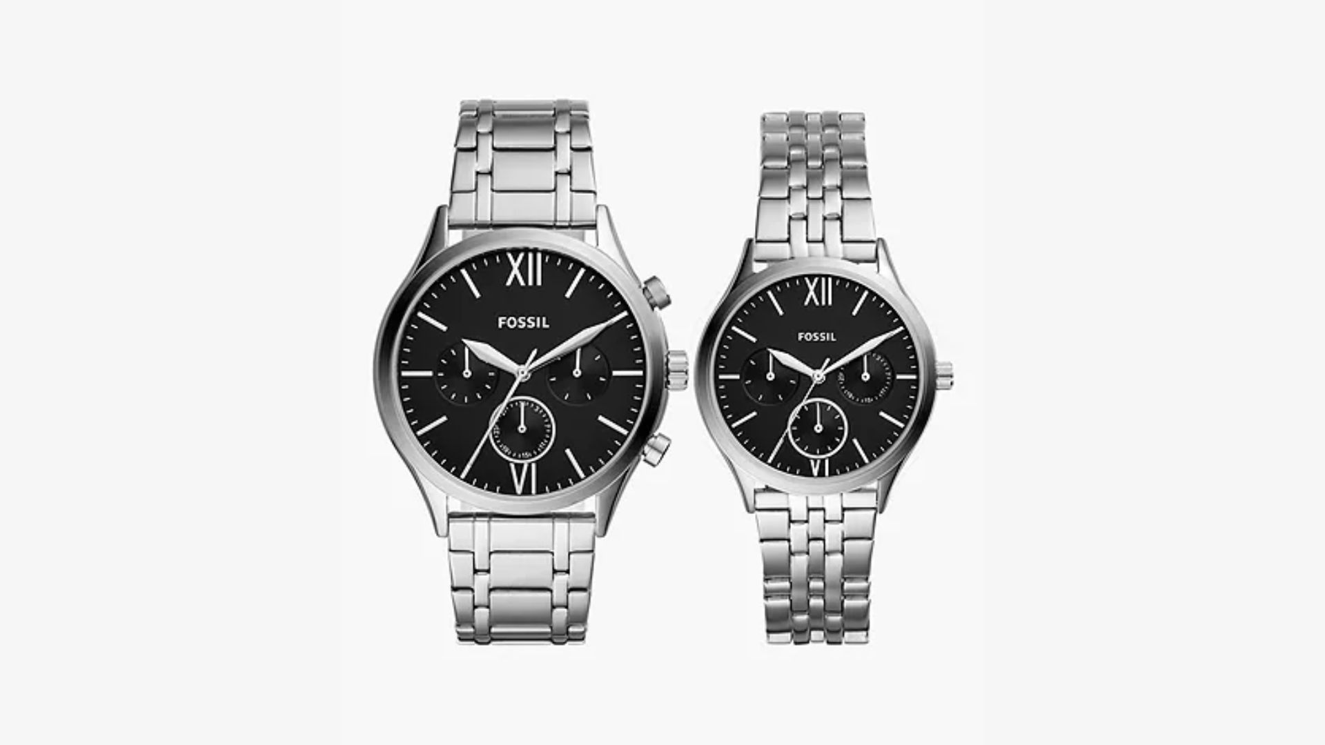 His and Her Fenmore Multifunction Stainless Steel Watch Gift Set (Image via Fossil)