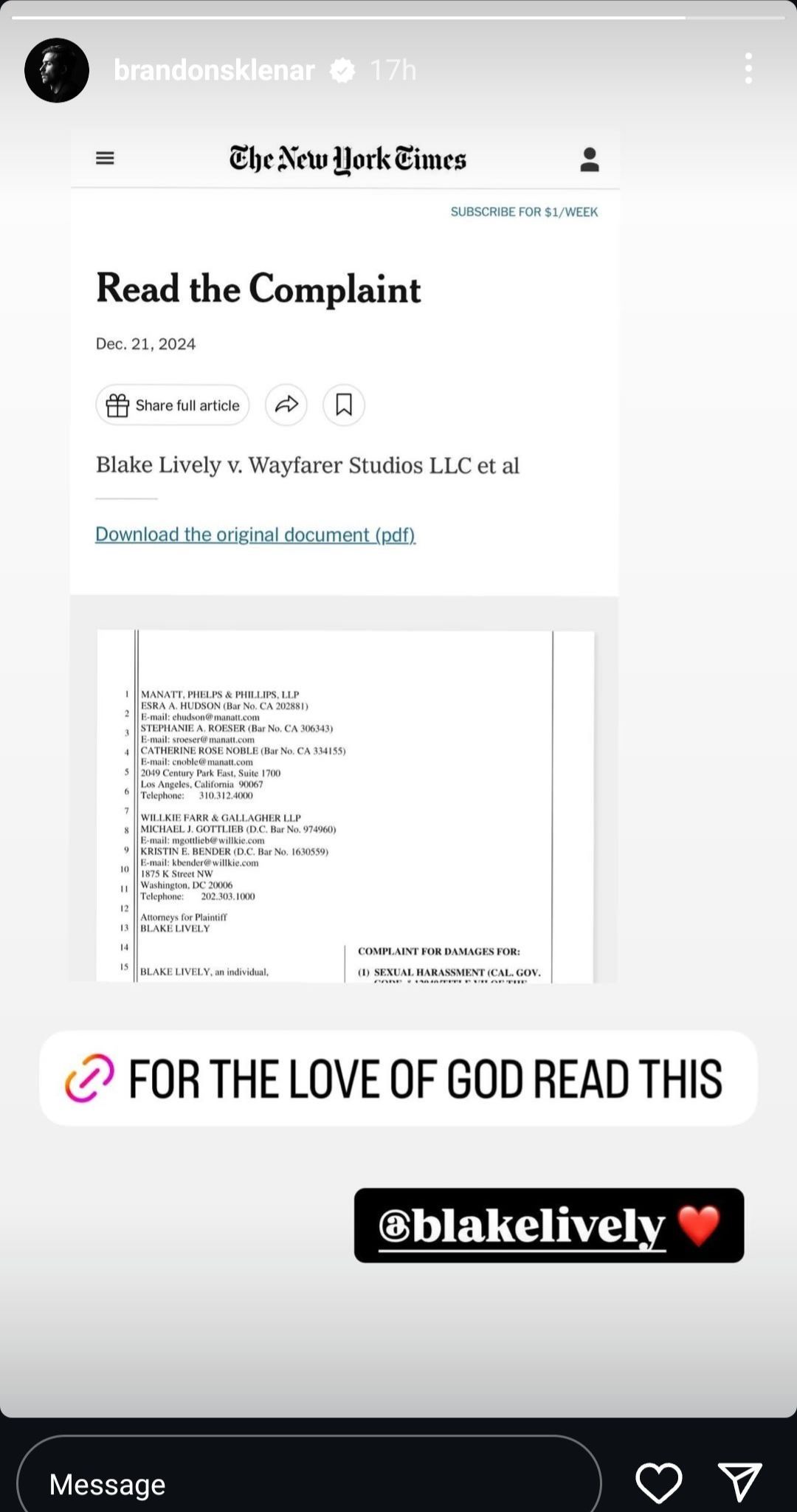 Brandon Sklenar&#039;s Instagram post with a link to Blake Lively&#039;s complaint filed against Justin Baldoni and Wayfarer Studios (Photo by Instagram/@brandonsklenar)