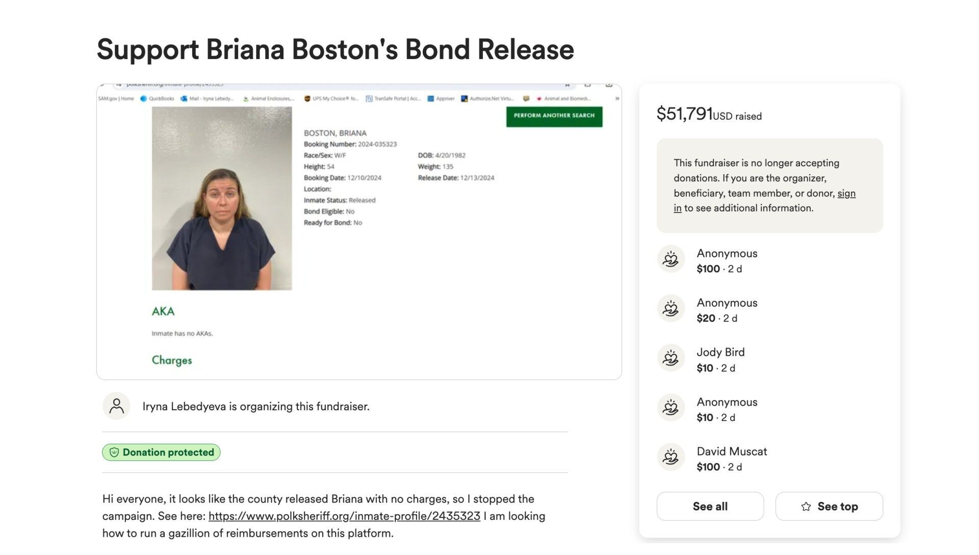 The now defunct GoFundMe for Briana Boston (Image via GoFundMe)