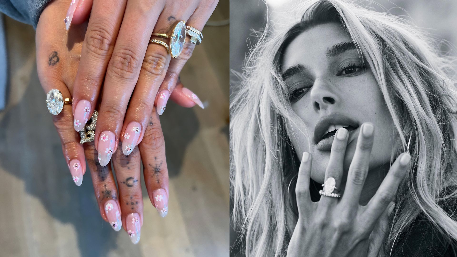 Hailey Bieber engagement rings (Image via Instagram / @nailsbyzola / @haileybieber)