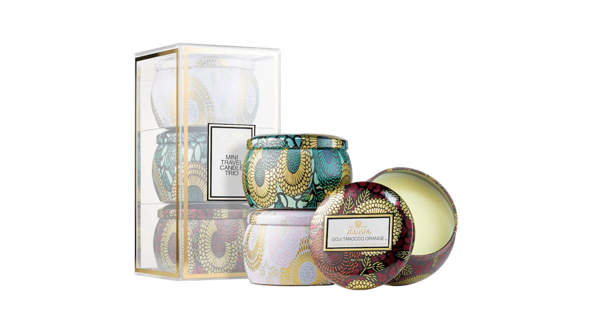 Voluspa Mini Candle Trio- French Cade, Goji, and Lychee (Image Courtesy: Sephora)