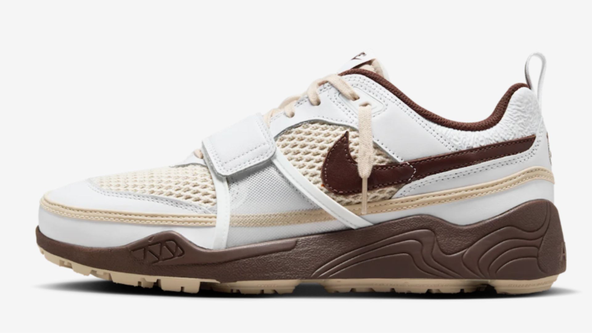 Nike SNKRS officially announces the launch of Travis Scott Zoom Filed Jaxx &quot;White and Light Chocolate&quot; sneakers (Image via nike.com)