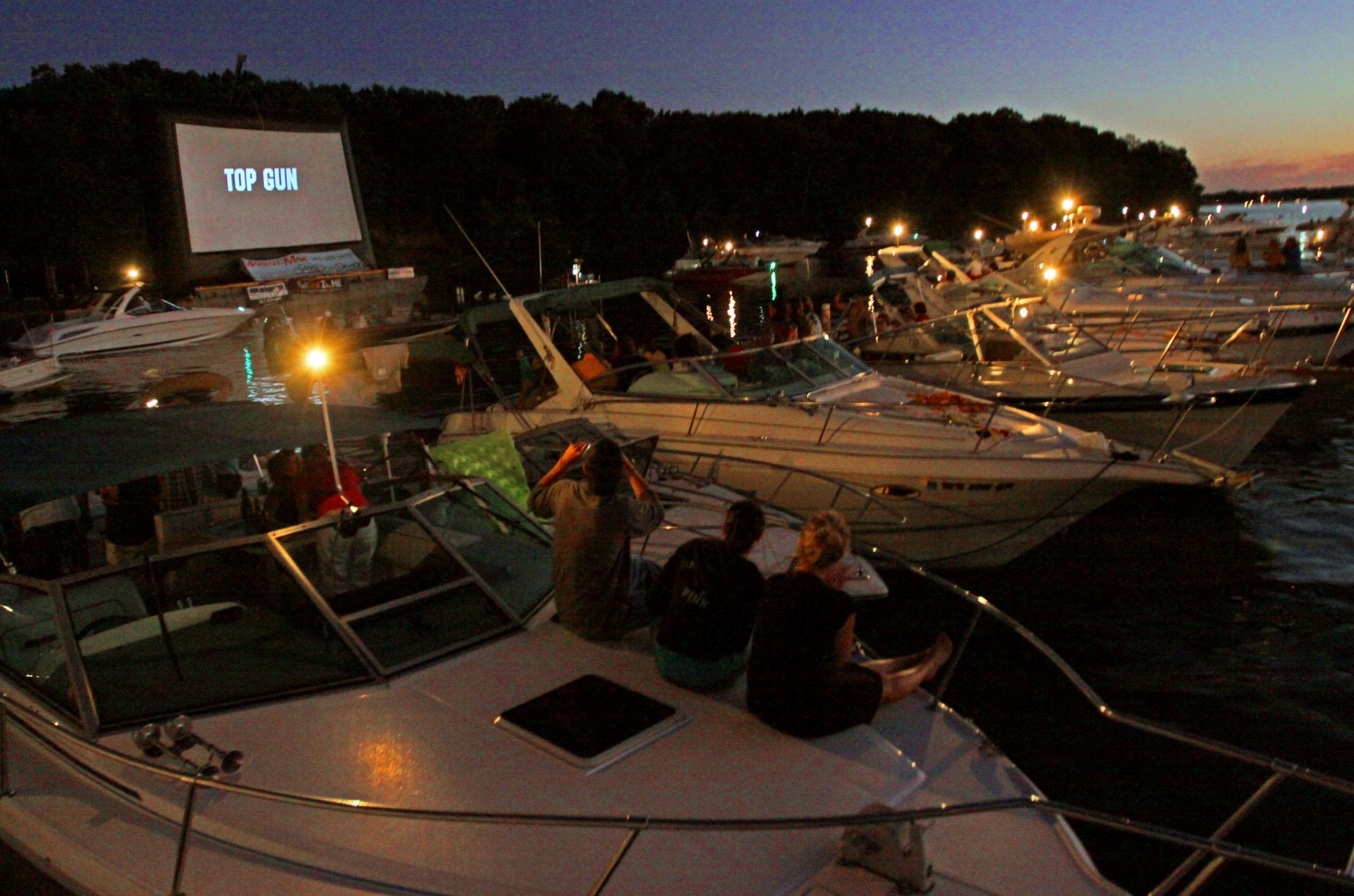 Boaters gathered at the big screen set up on Big Island for the annual boat-in-theatre sponsored by Marine Max. The theatre was set up by Twilight Zone Outdoor Cinema - Source: Getty