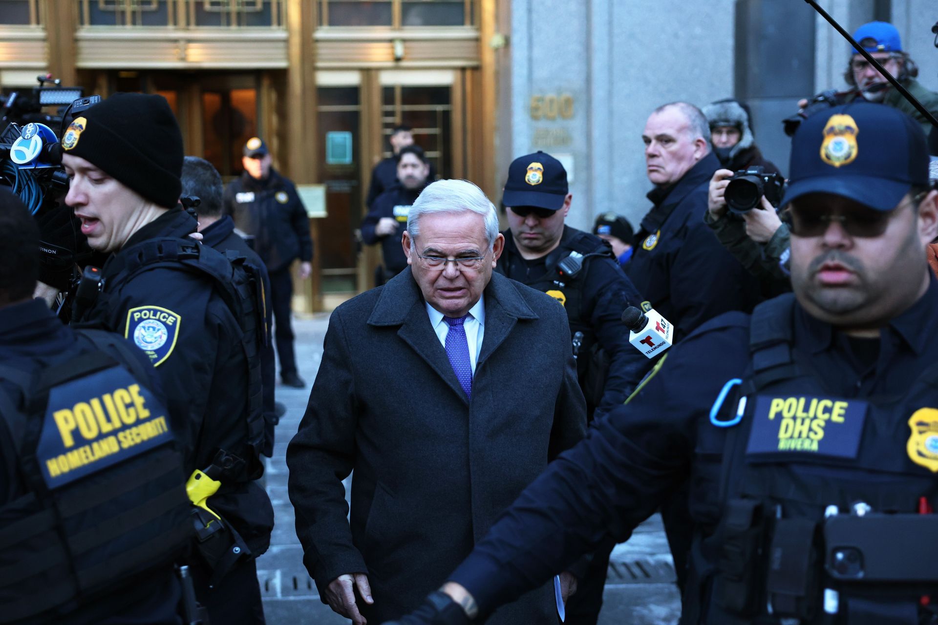 Former Sen. Bob Menendez leaving the courthouse after his sentencing (Image via Getty)