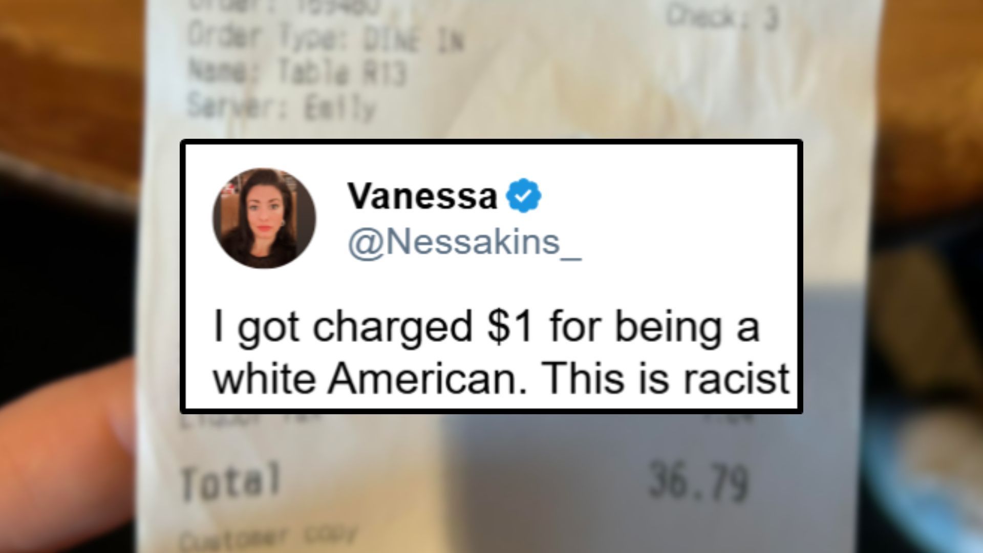 A user cracked a &quot;white American&quot; pun on her restaurant bill (Image via X/@Nessakins_)