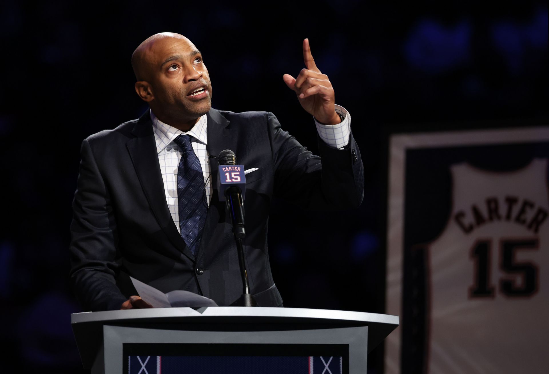 The Brooklyn Nets have retired Carter&#039;s jersey no. 15 (Image via Jordan Bank/Getty Images)