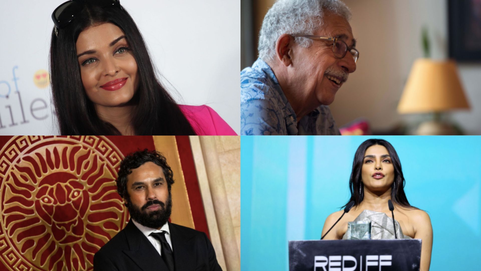 This is a collage of 4 Indian origin actors who have starred in Hollywood, namely Aishwarya Rai Bachchan, Naseeruddin Shah, Priyanka Chopra Jonas, Kunal Nayyar (clockwise from the top left)