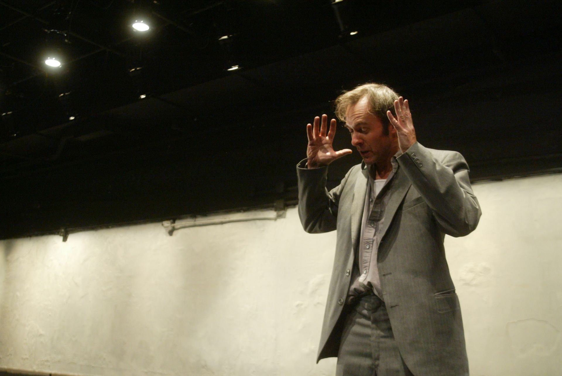 Actor Stephen Dillane is a one-man avantgarde Macbeth, during a scene at Cal Arts, Friday evening - Source: Getty