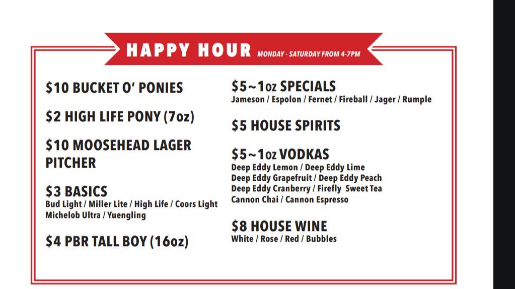 Happy Hour Menu from Tattooed Moose (Image from Tattooed Moose Online Menu)