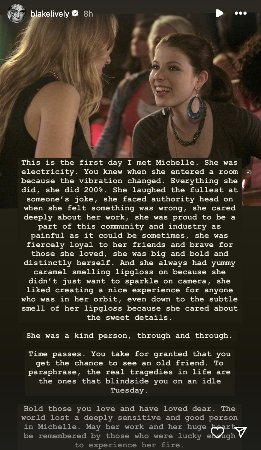 Blake Lively&#039;s lengthy tribute to Michelle Trachtenberg. (Image via Instagram/@blakelively)