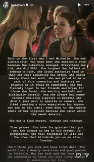 Blake Lively's lengthy tribute to Michelle Trachtenberg. (Image via Instagram/@blakelively)