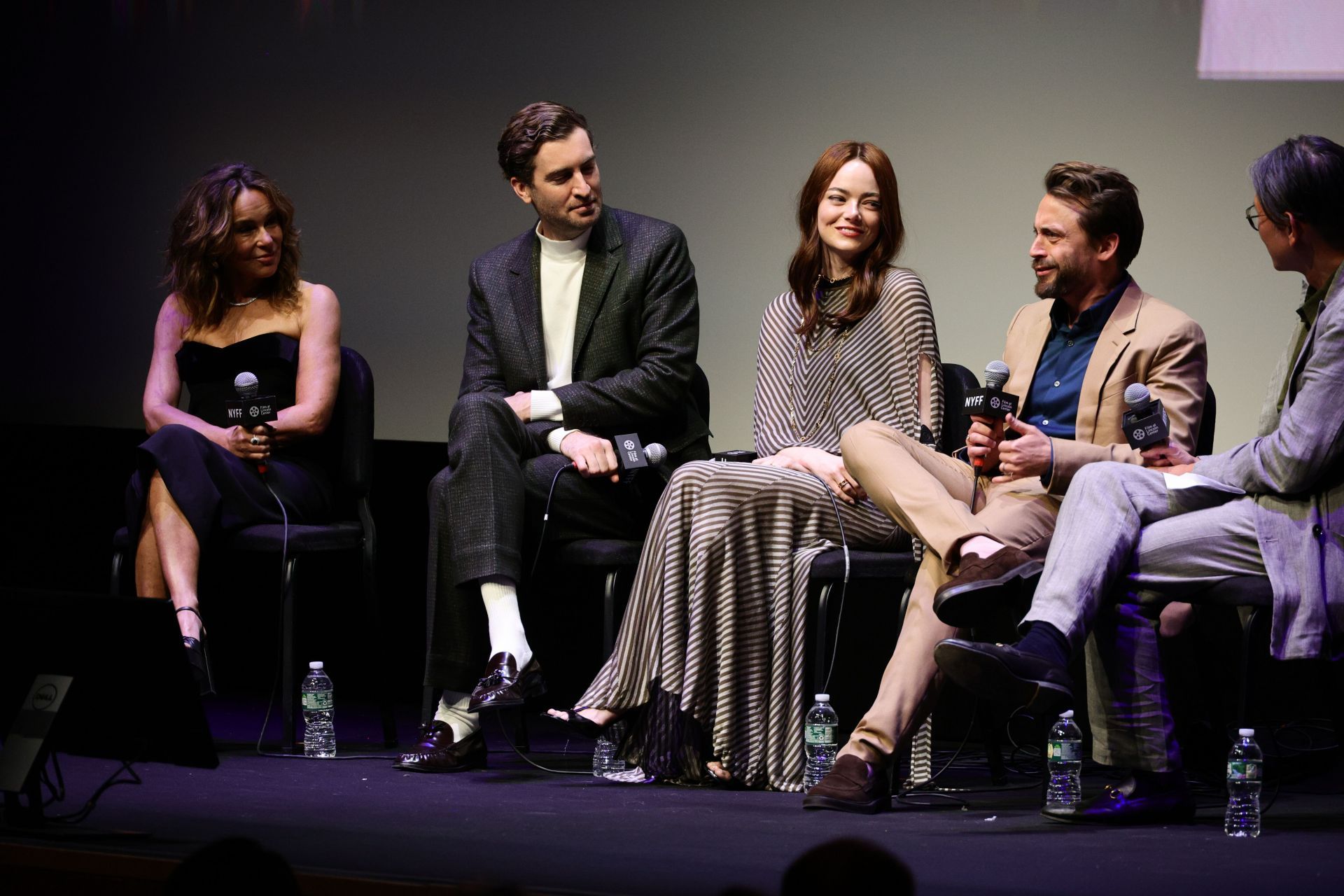 Jennifer Grey, Dave McCary, Emma Stone, and Kieran Culkin speak at the screening of &quot;A Real Pain&quot; at Alice Tully Hall, Lincoln Center. (Image via Getty)