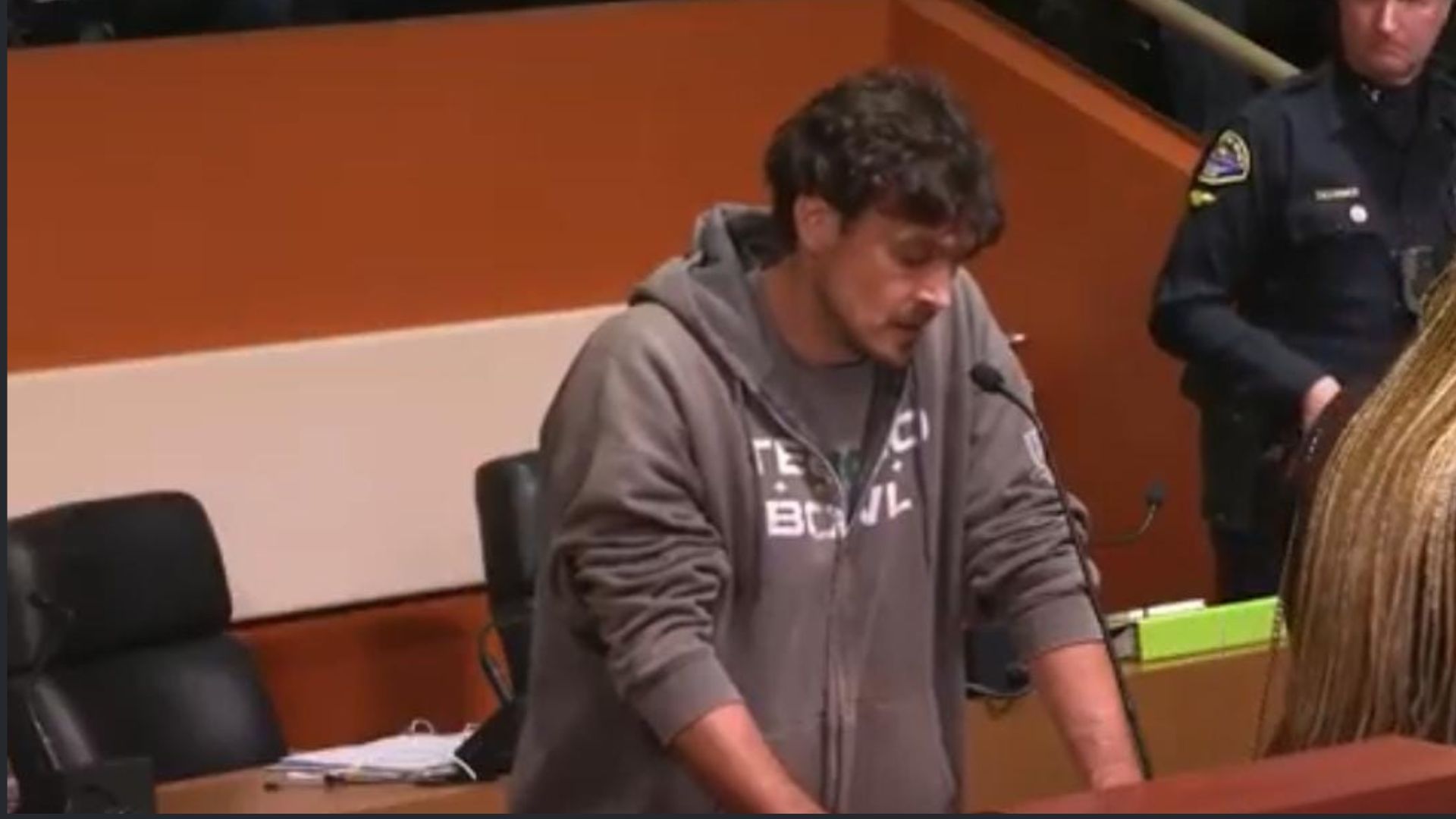 Chris Kluwe reads his statement before the council minutes before his arrest.