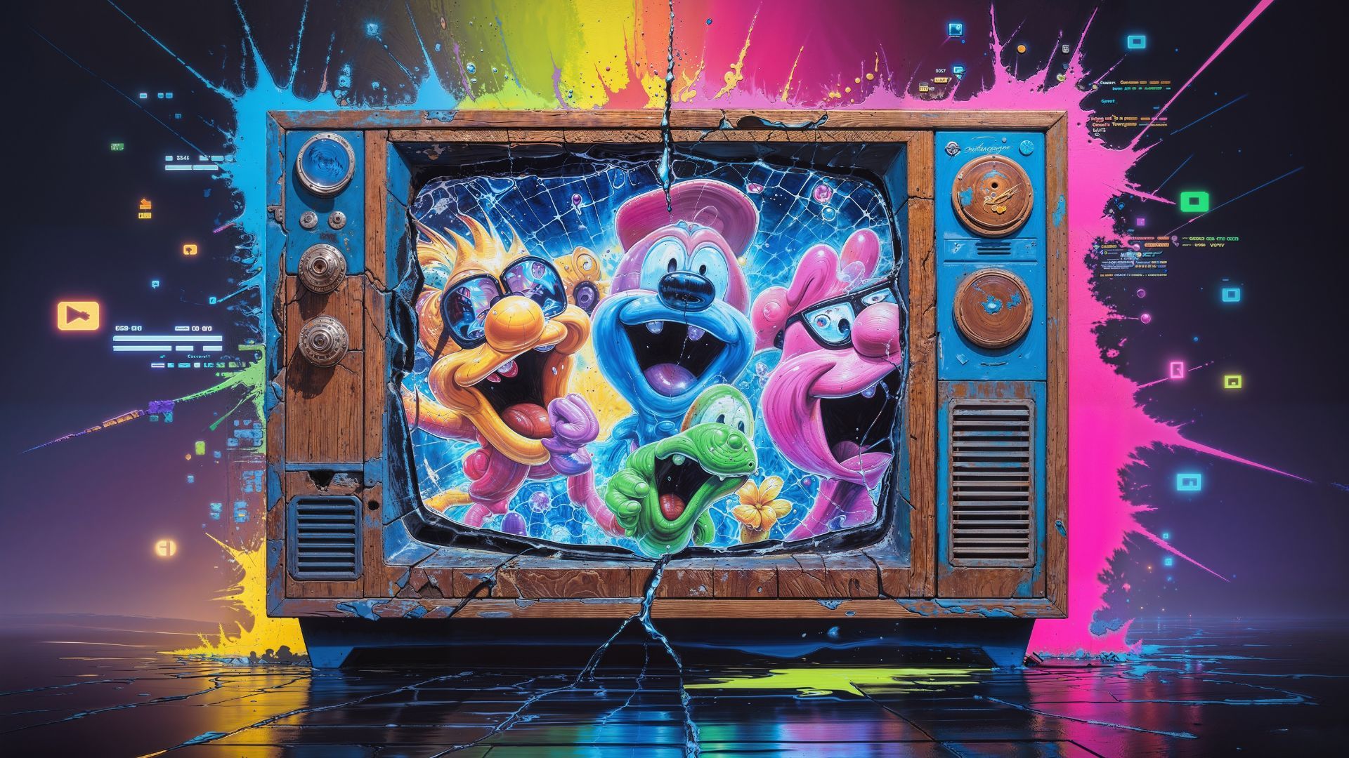 Cartoon characters in a vintage TV set + streaming | Original Artwork by: Beatrix Kondo