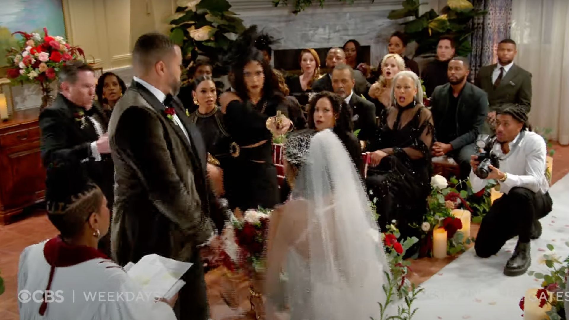 Dani pulls a gun at Bill and Hayley&#039;s wedding on Beyond the Gates | Image: Paramount+