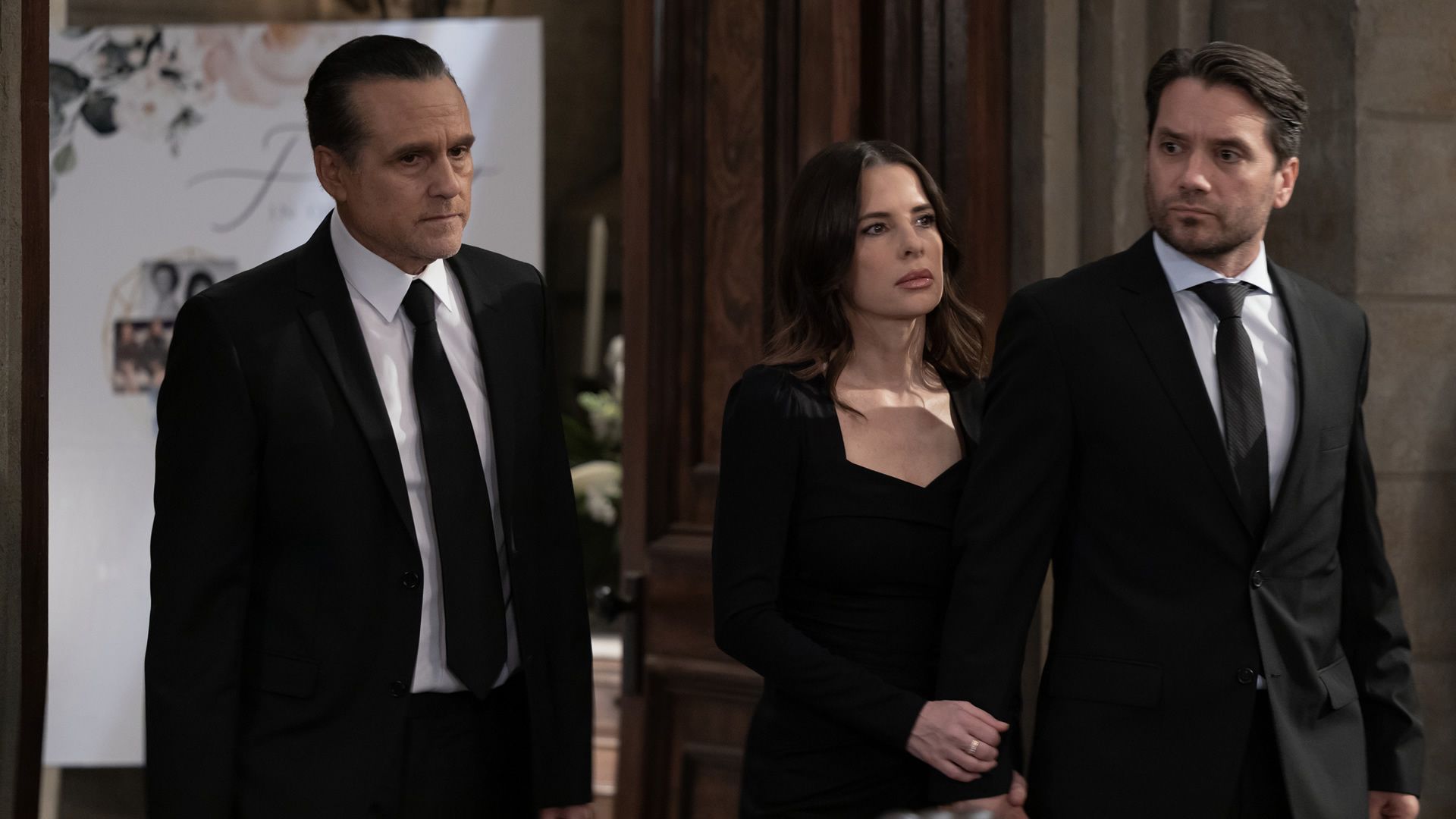 General Hospital&#039;s Sonny, Sam, and Dante attending a funeral. | Image Source: ABC