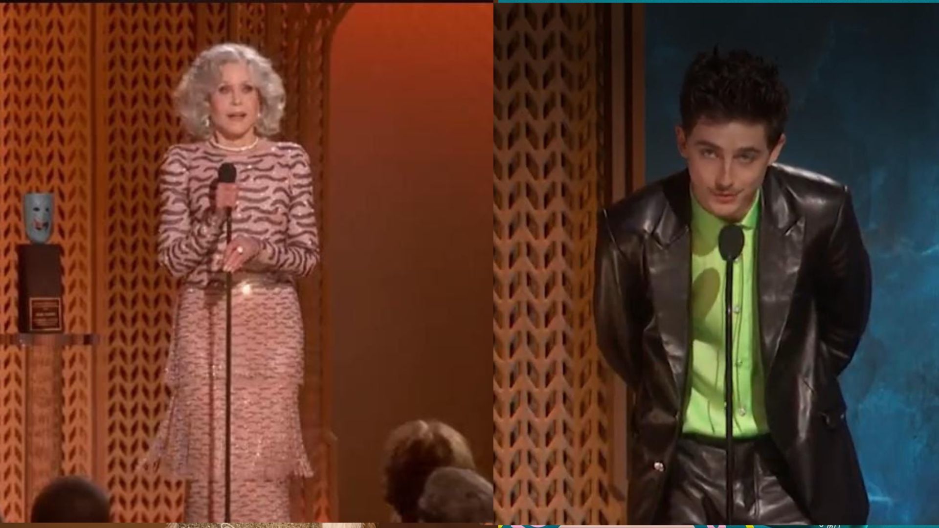 Jane Fonda and Timothee Chalamet accept their respective awards at the Screen Actor Guild Awards.