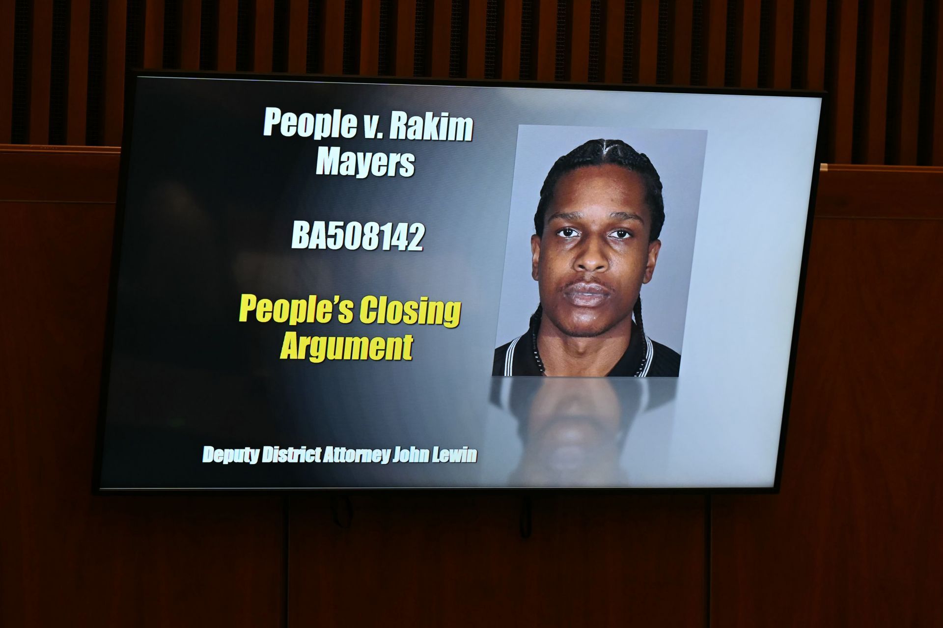 An image of Rakim Mayers, aka A$AP Rocky, is displayed on a screen in the courtroom as he appears in court during his felony assault trial at the Clara Shortridge Foltz Criminal Justice Center on February 14, 2025 in Los Angeles, California. (Photo by Patrick T. Fallon - Pool/Getty Images)