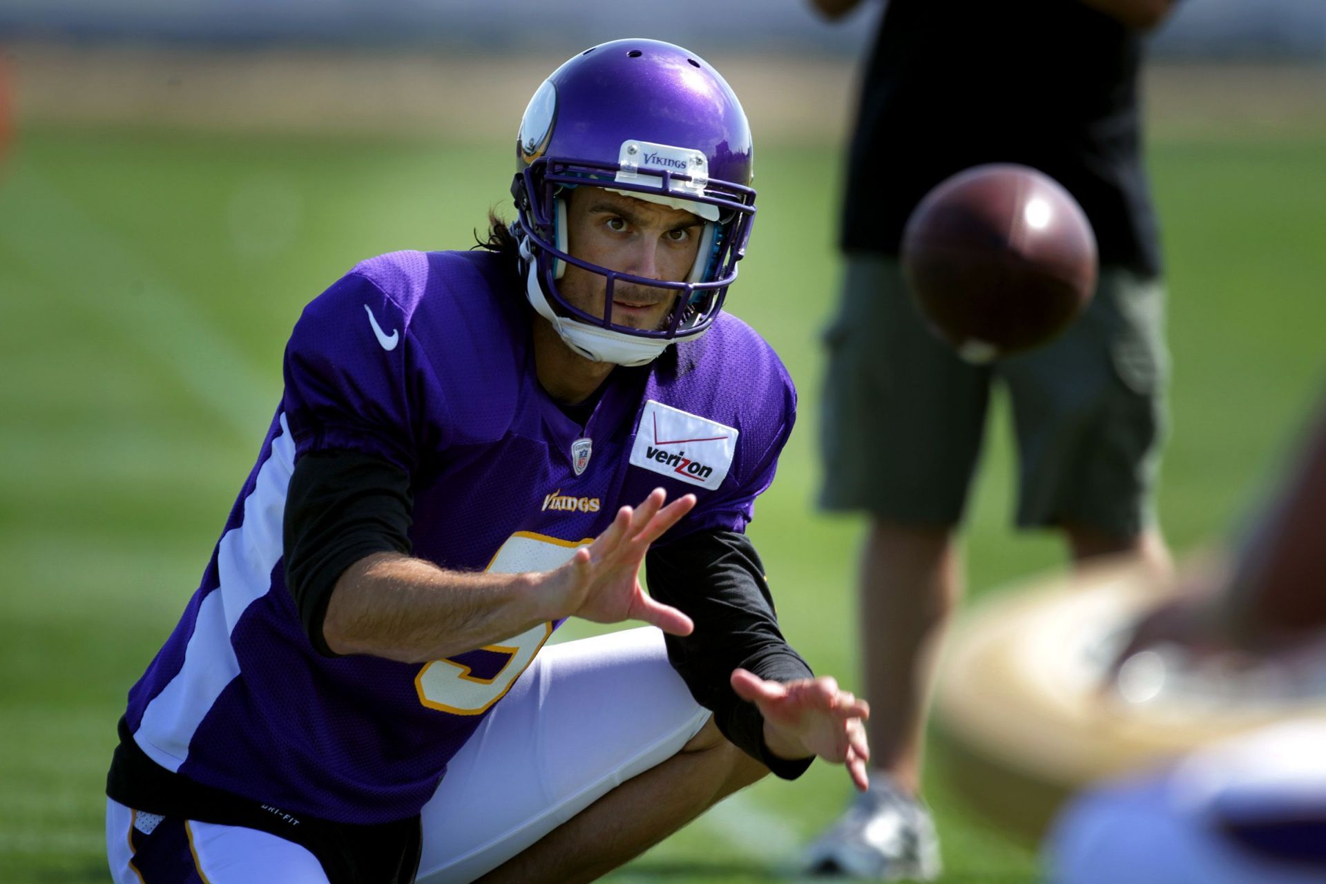 Vikings punter Chris Kluwe practice holding the ball for a field goal attempt durning the third day of practice at Minnesota State University, Mankato Monday July 30, 2012 Mankato ,MN . ] Jerry Holt/ STAR TRIBUNE.COM) - Source: Getty