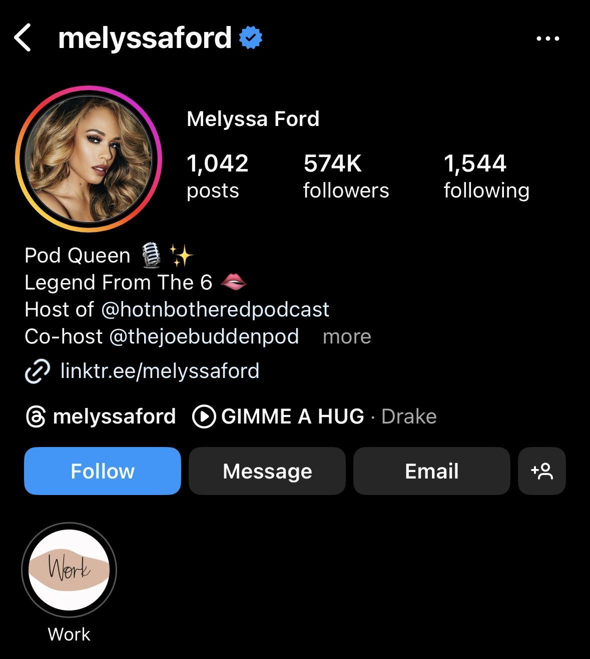 Melyssa Ford&#039;s Instagram profile features Drake&#039;s GIMME A HUG audio clip. (Image via Instgram/@melyssaford))