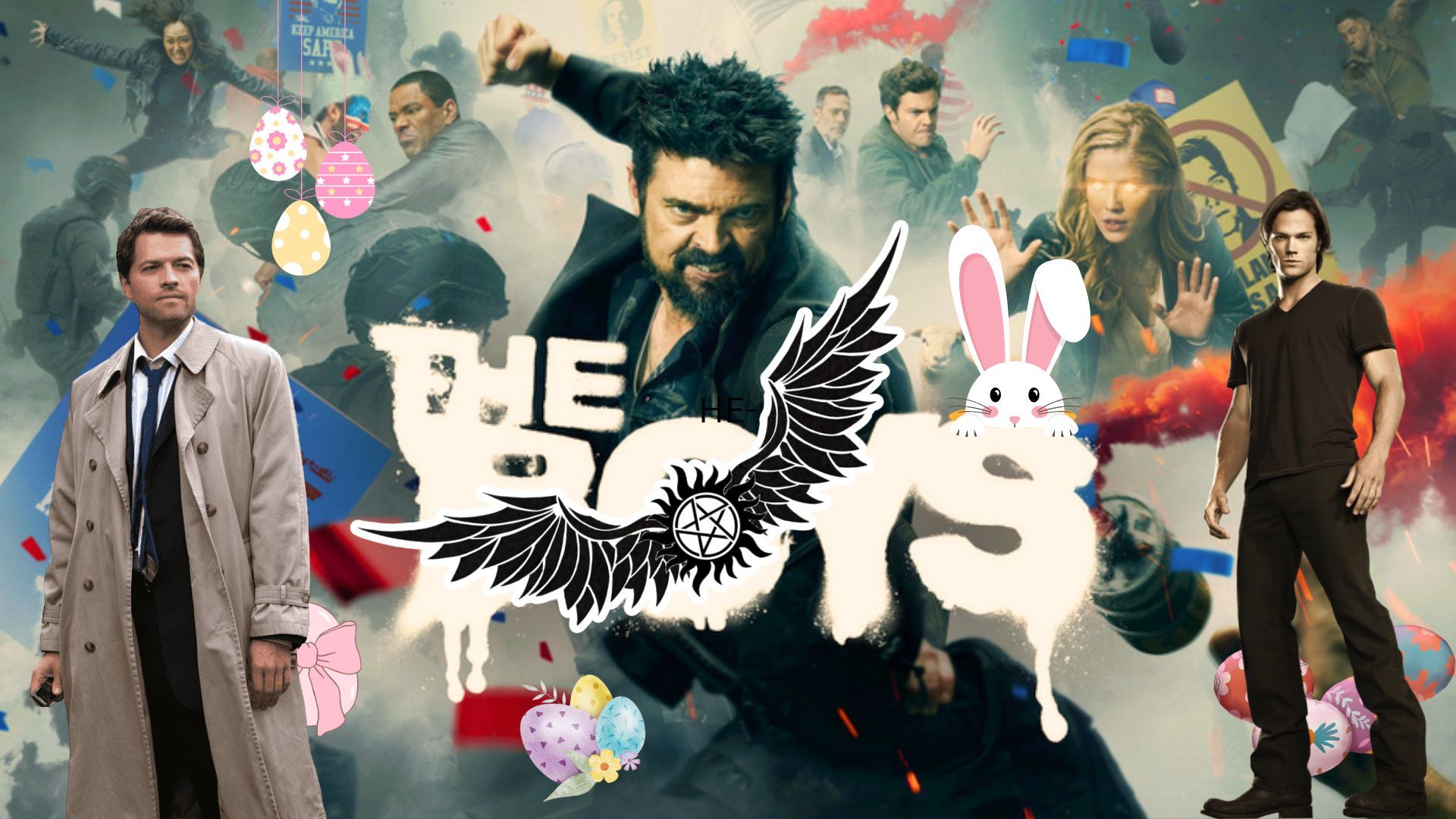 Supernatural - Castiel and Sam + The Boys + Easter Eggs (Collage by Beatrix Kondo) | Source: Prime Video