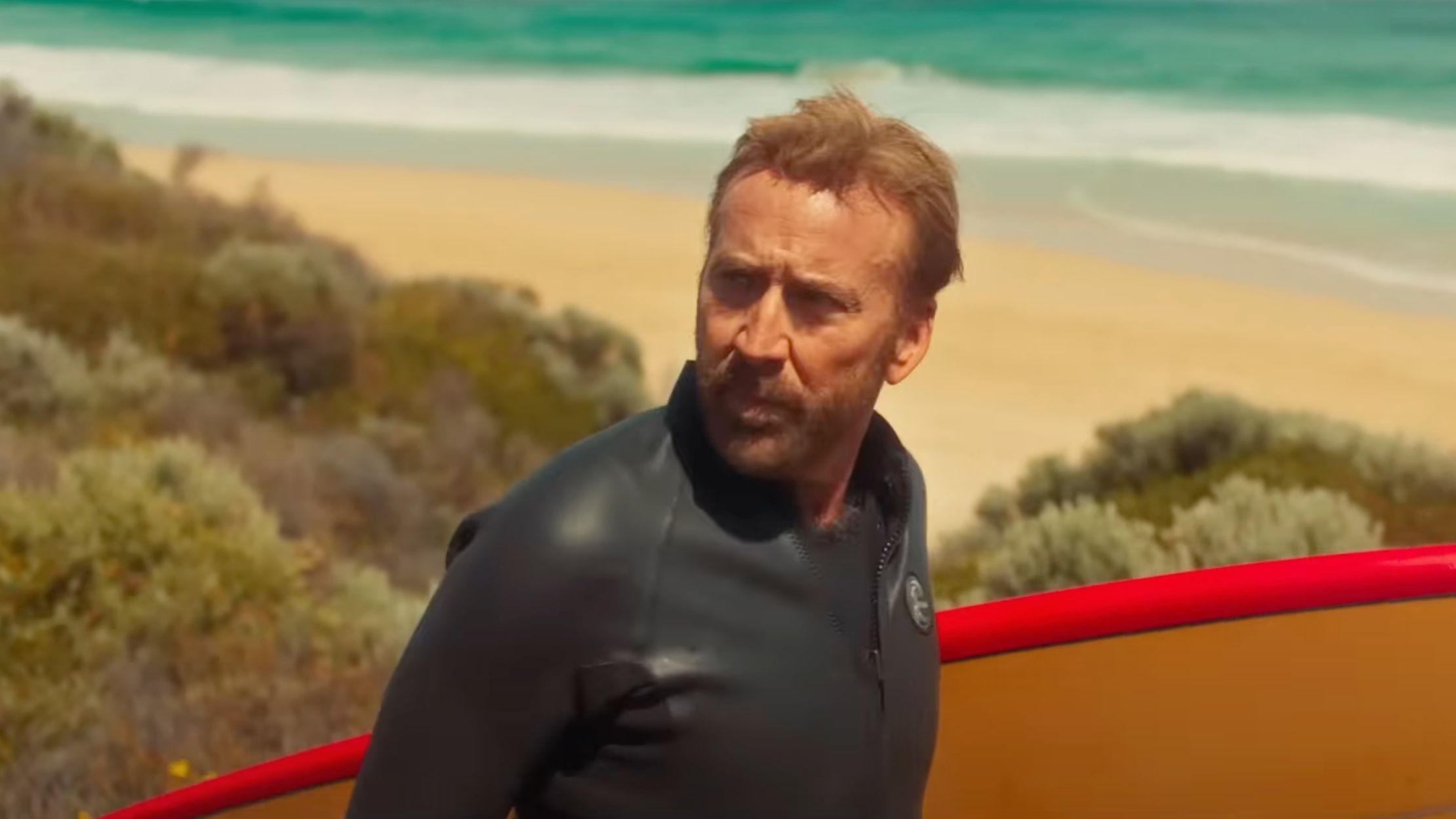 Nicolas Cage in The Surfer (Image via YouTube/@RoadsideFlix)