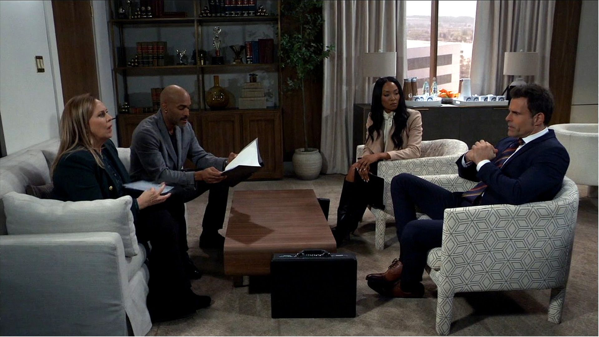 Several General Hospital characters meeting about the esplanade. | Image Source: Hulu