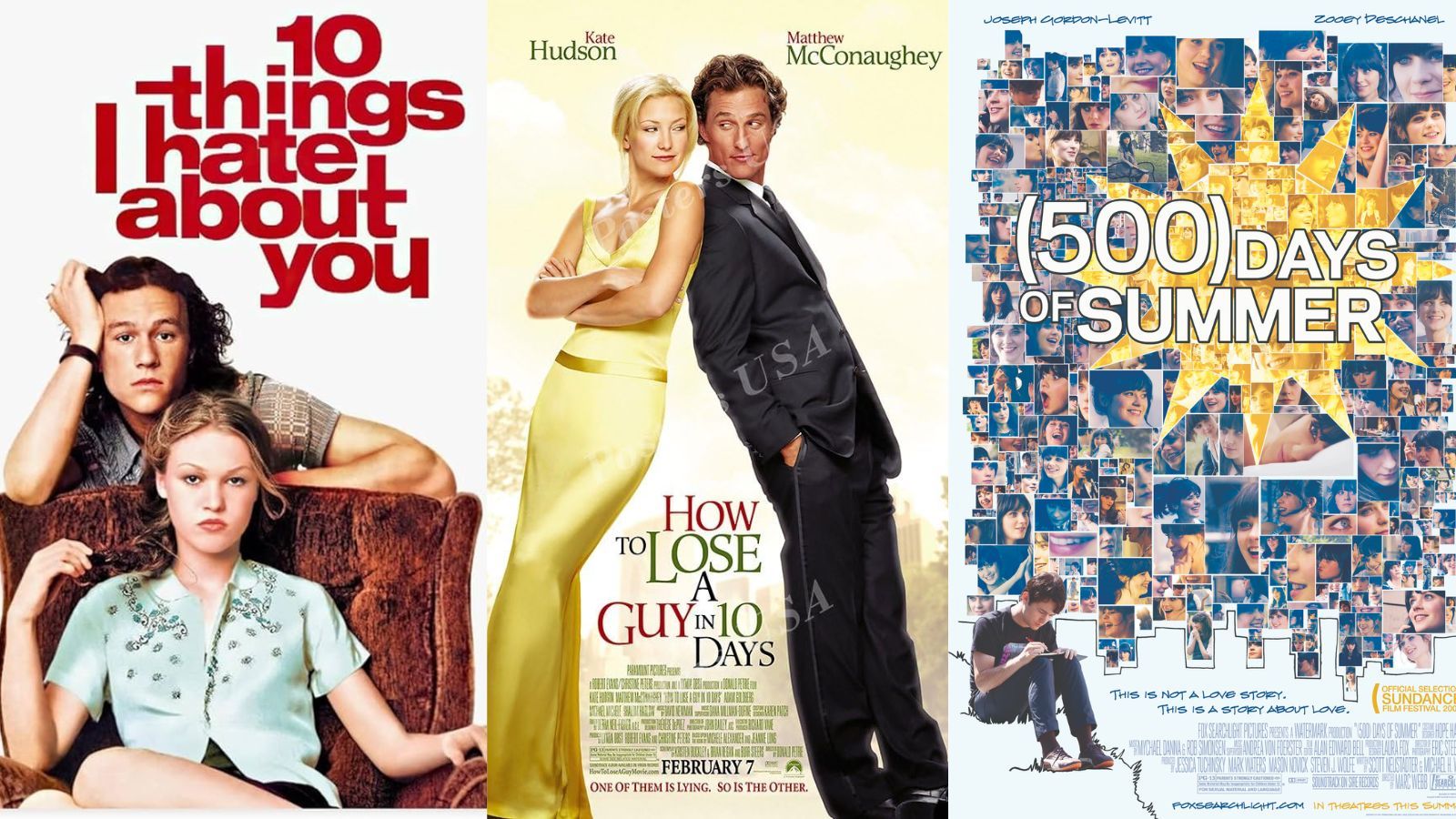 Poster for 10 things I hate about you, How to lose a guy in ten days and 500 Days of Summer (Image via Hulu)