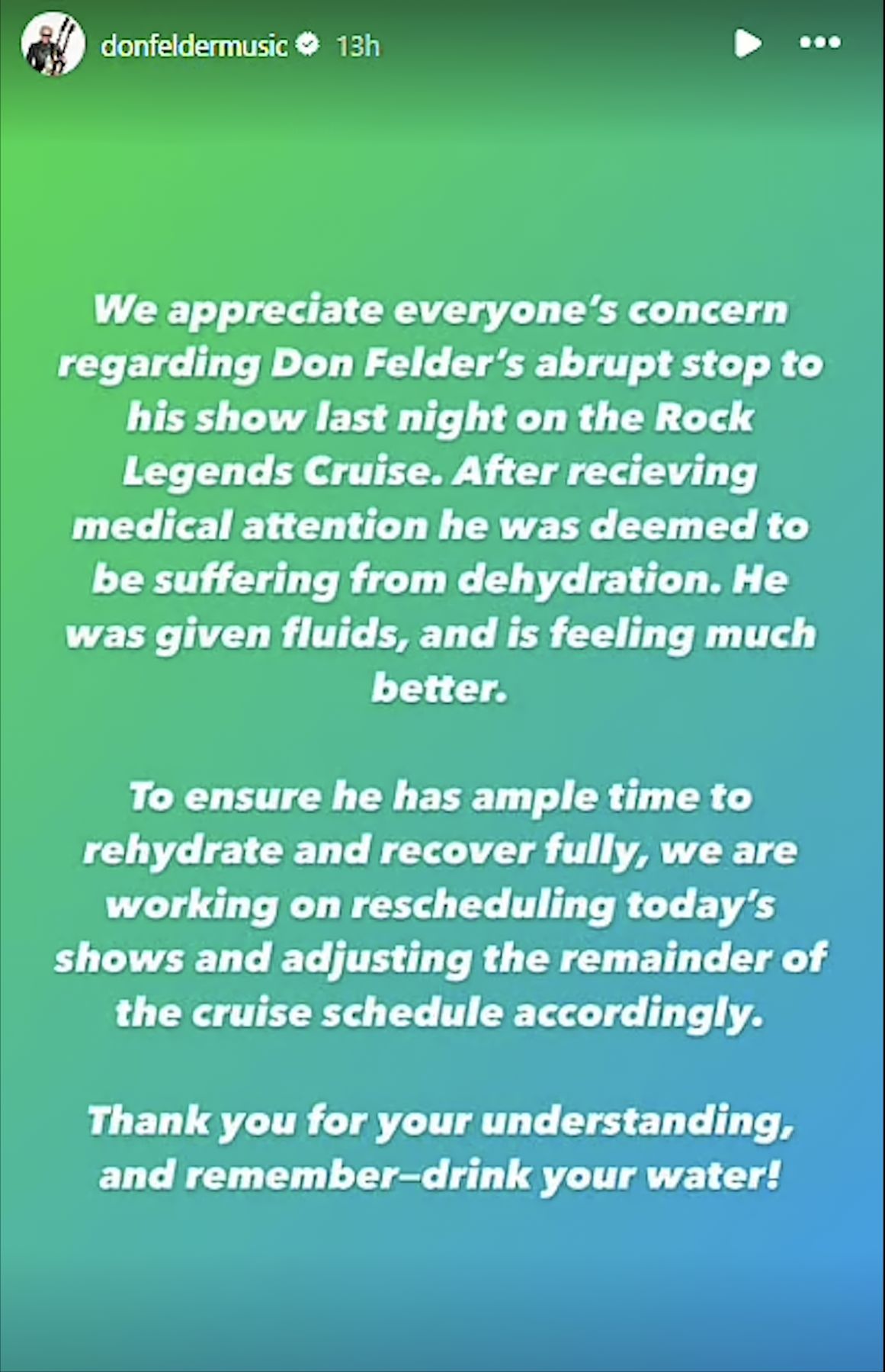 Don Felder&#039;s team released an official statement on his medical incident that occurred on stage at the Rock Legends Cruise. They attest that he was dehydrated, sought medical help, and is currently on the mend. (Image via Instagram/@donfeldermusic)