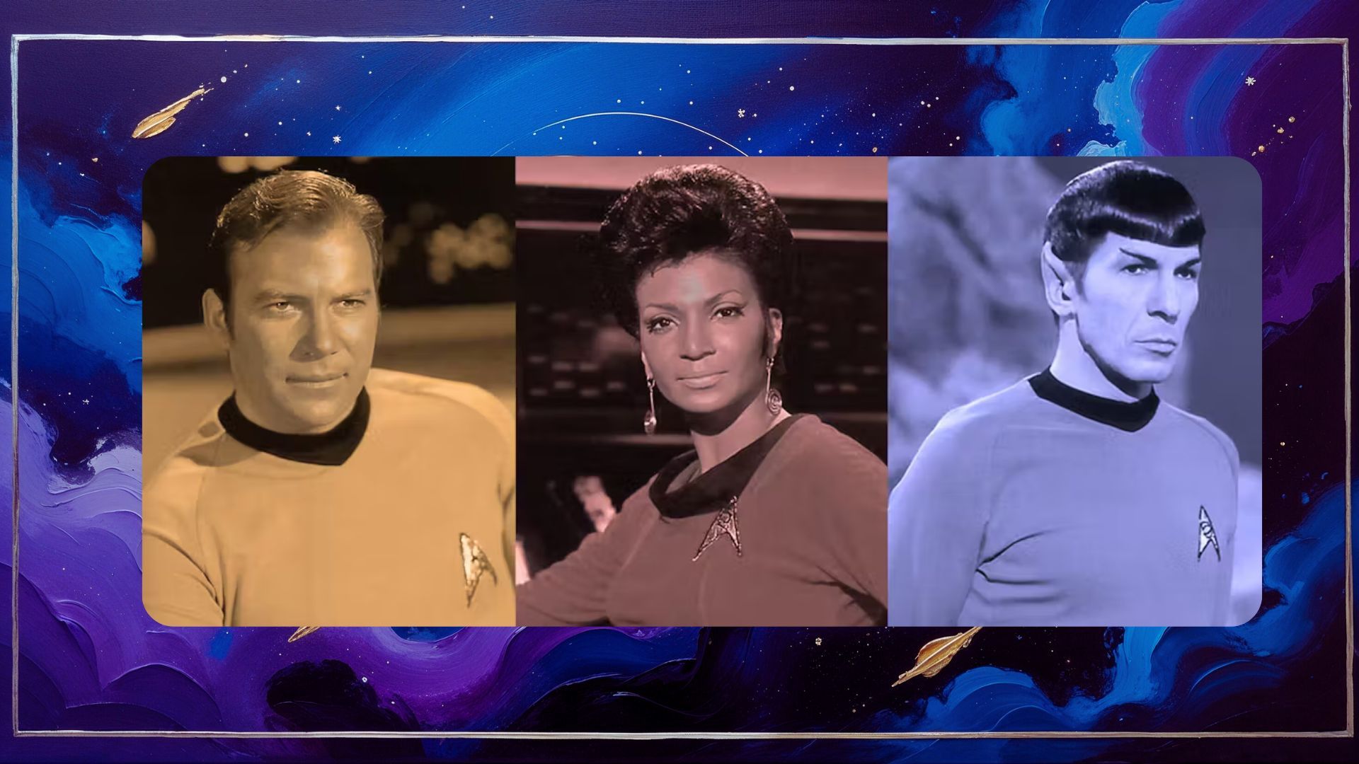 Collage of original art by Beatrix Kondo and pictures of Captain Kirk, Uhura and Spock | Photo souce: StarTrek.com