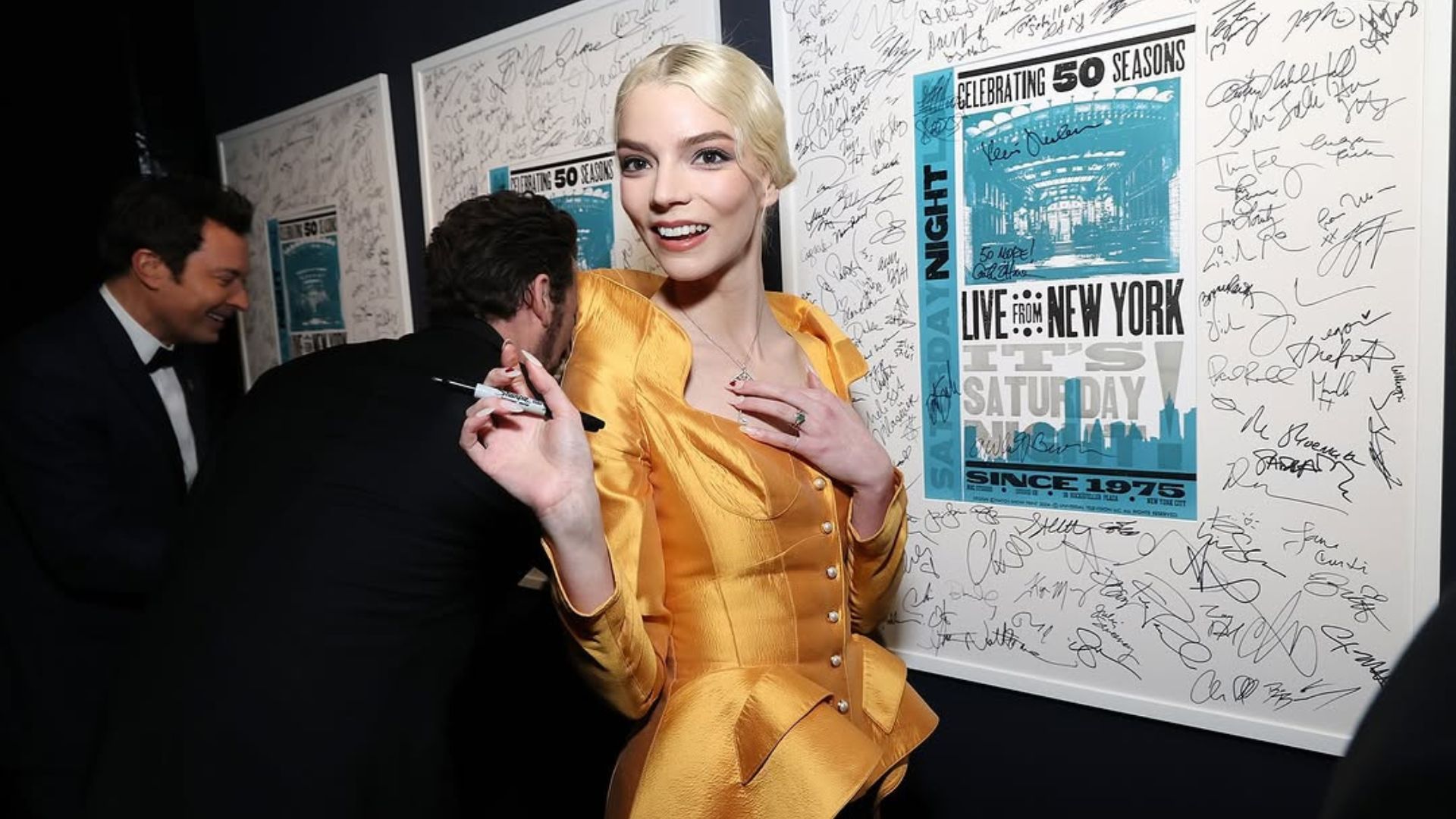 Anya Taylor-Joy channeled sophistication in a vintage yellow jacket and black skirt from Mugler (Image via Instagram/@nbc)