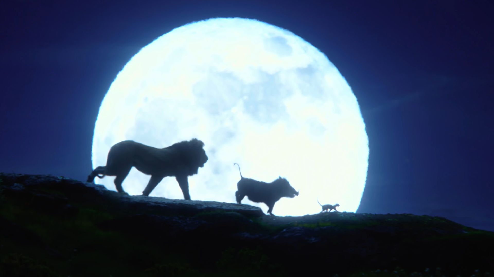 a lion, a warthog, and a meerkat walking on a log with moon in the background