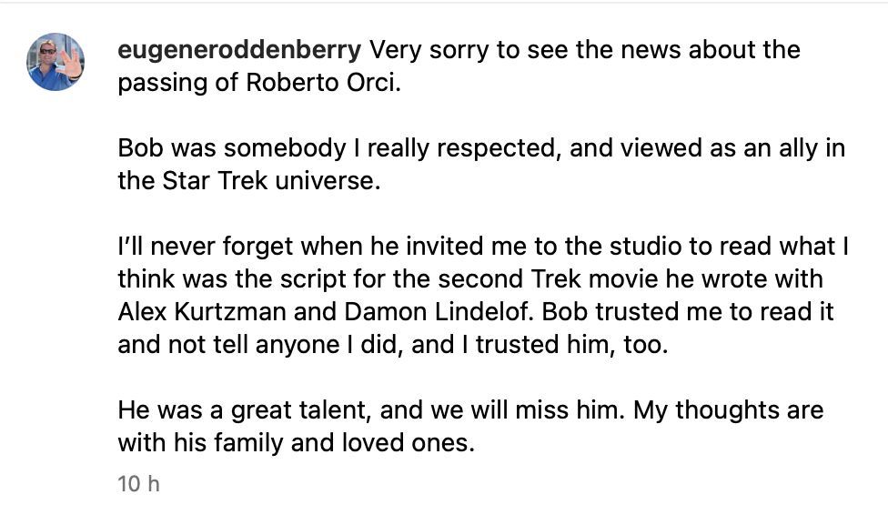 Eugene Roddenberry&#039;s tribute to Roberto Orci. (Image via Instagram/@eugeneroddenberry)