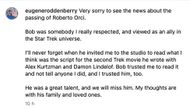 Eugene Roddenberry's tribute to Roberto Orci. (Image via Instagram/@eugeneroddenberry)